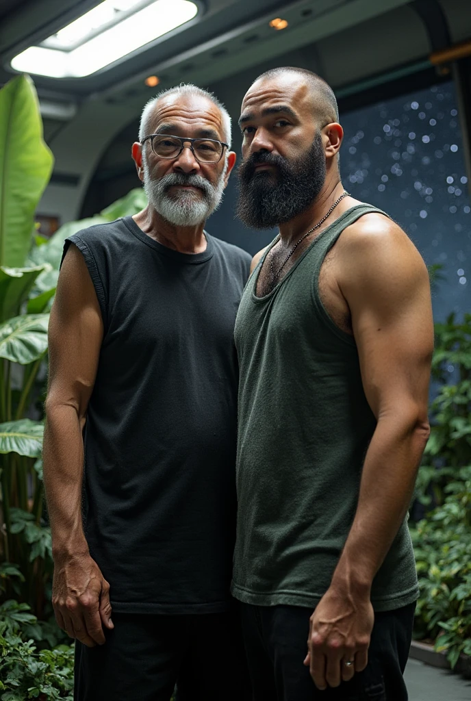 2 big Vietnamese grandfathers with gray hair, mature face, a thick mustache, a short chin beard, bear body, wearing a massive bulging gray jockstrap standing close together at the stream, have belly, big muscular chest, a sexy pose, show full body