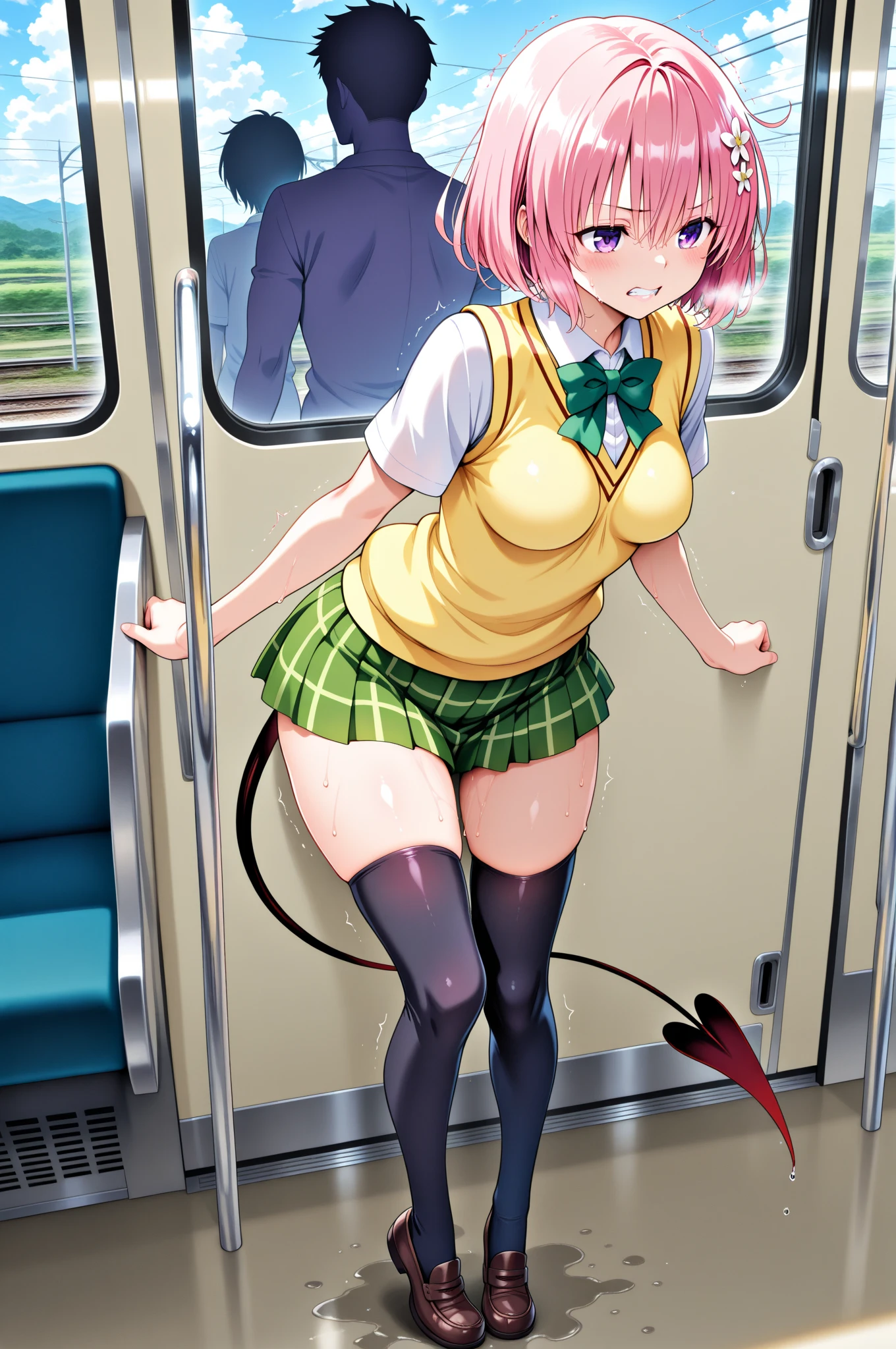 Konami,One girl,smile, View your viewers, Green jacket, gloves, Green shorts,Green footwear, masterpiece,Highest quality,TranT, (train interior), netorare, chikan, grabbing, hetero, pussy juices, molestation, public indecency, public use,faceless male fingering, 2boys, faceless male, assisted exposure,orgasm,motion_Line