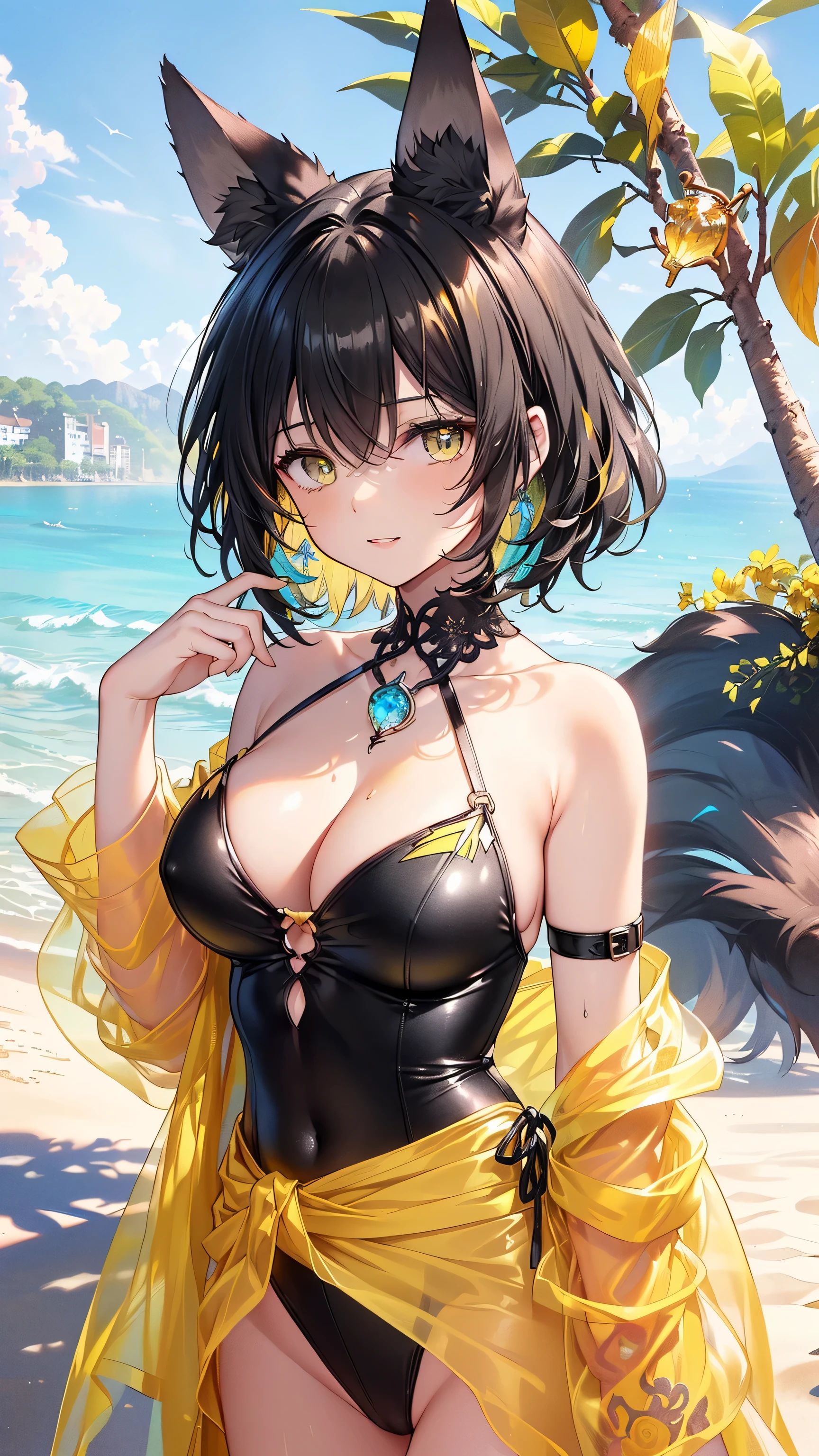 (masterpiece, best)), (1girl), (mature woman), Ruby hair, open-chest seduction, flared, (kemonomimi lady), bangs, big breasts, glasses lady, (full), slim, smile, [wide hips], standing, 8K picture quality, sexy seduction, (open-chest) (Sharp focus: 1.5), (sharp focus:1.2), (beautiful face:1.1), (eye makeup:1.2), (tight body:1.2), (flowery dress:1.2) (the beach:1.2). (morning sun lighting:1.2), by (James C. Christensen:1.2|Jeremy Lipking:1.1). ((Masterpiece)), (highest quality))), (Character design sheet, national costume, same character, front, side, back), (simple background, white background: 1.3) ( Masterpiece:1.2), (Best Quality:1.3) (best quality:1.1) realistic:1.37 long, flowing:1.1 luscious, plump:1.1 sparkling sequins:1.1 subtle, golden:0.9 soft, warm:1.1 best quality,4k,8k,highres,masterpiece:1.2, realistic,photorealistic,photo-realistic:1.37, ultra-detailed:1.1 busty animal ears, beautiful, detailed ears:1.1 best quality, 4k, highres, masterpiece:1.2 detailed, fluffy tail:1.1 beautiful, piercing eyes:1.1 4k, 8k, highres, masterpiece:1.2 very three-dimensional: 1.2 (8k, best quality, masterpiece:1.2 ((masterpiece, best))