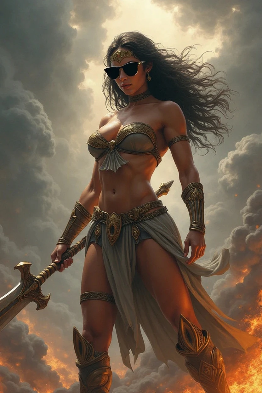(masterpiece digital painting:1.3) of a (solo:1.3) ravishing alluring curvy chubby indian warrior woman , atop a apocalyptic mountain peak, wearing filigree shimmering armour, intricate robes, cape & skirt, battle ready, navel, (flowing wavy backlit hair), cinematic dramatic scene, lustful glance, (captivating kohl lined eyes:1.3), (passionate expression:1.3) apocalyptic magical sky, dramatic lighting, depth of field, backlit, light rays, highly detailed, trending on artstation, paint splashes, rich colour, mythological portrait, by Ron hicks & greg rutkowski