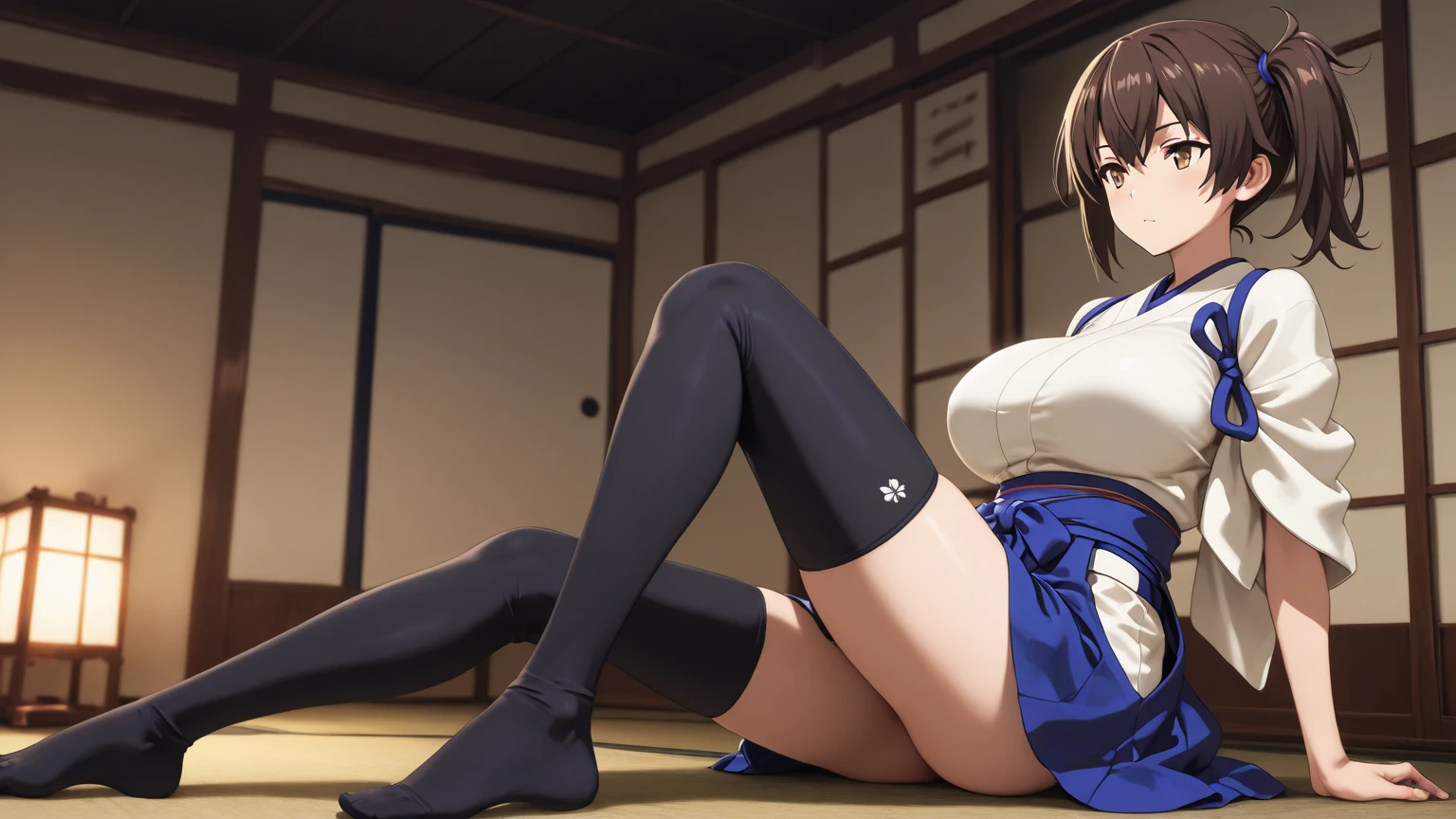 M-shaped girl, karate uniform,white kimono,open legs, squatting, camel-like legs, , taken from below low angle, glaring, upper body, large breasts, slender body, delicate body, light clothing, in karate venue,focus girl,