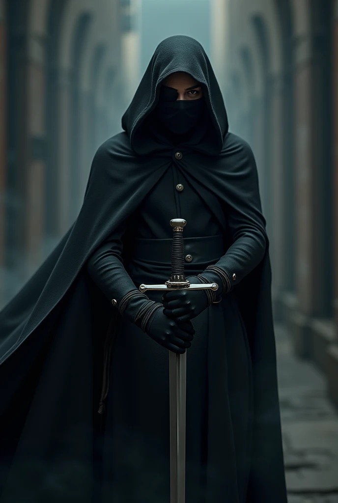 Satria is a beautiful woman dressed in all black, wearing a face mask while holding a sword in front of him. View from the side