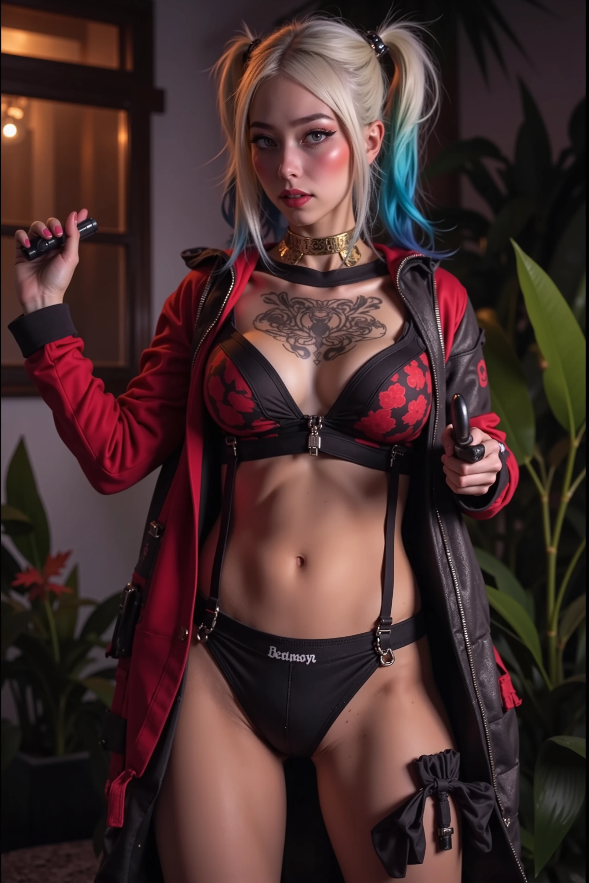 Sexy Harley Quinn (cute, sexy outfit, Harley Quinn hair and makeup, big weapon) is looking sexy and crazy dancing with villainess and lesbian lover Poison Ivy, tropical flower green house at night, Dark humor, sexy (HD, cinematic quality, 8k extreme complexity)