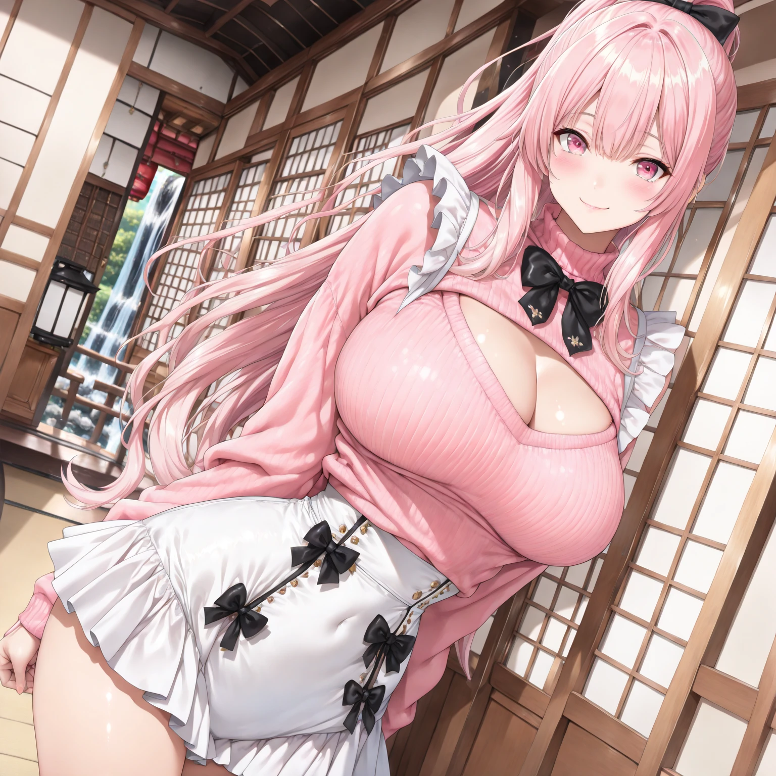 龙珠人造人18号, masterpiece, best quality, ultra-detailed, illustration,(1girl),beautiful detailed eyes, looking at viewer, close up, (breast focus), (arms behind back:1.2), (from above:1.1), pink hair, huge breasts, (breasts out:1.3), (off shoulder:1.1), underwear,