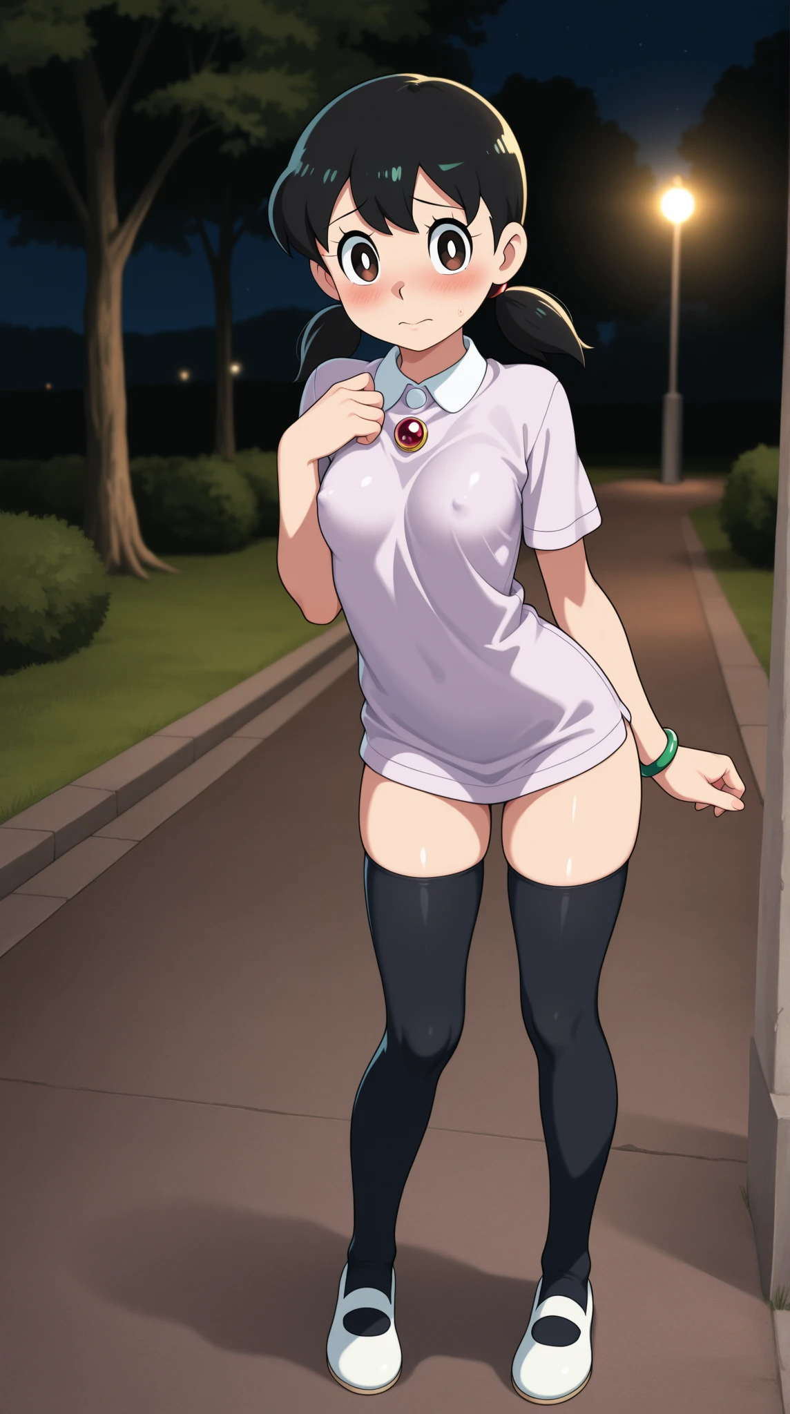 (((4K,8K,Highest quality,Perfect Fingers:1.3,Perfect Anatomy:1.3))),12 years old.woman,((Four fingers and thumb:1.3)),((Perfect human hand:1.3)),((The right number of limbs:1.3)),(alone),futabasakura, futaba sakura, ((Black Hair)), Glasses, Long Hair,(Blunt bangs:1.1),(Purple eyes:1.1), (((black Knee socks, Fur trim, fur-trimmed Jacket, green Jacket, Jacket, Off the shoulder, off-shoulder shirt, shirt, t-shirt, Knee socks))),((Large sagging breasts)),(((Sweat:1.3))),(blush),super oily,View your viewers,((forest:1.3)),((night:1.3)), Contrasting,Smiling Kindly, Spread your arms, Cowboy Shot, No sleeve,長い乳首の上にNo sleeve,(figure:0.8), (Beautiful attention to detail:1.3), Highly detailed face, Highly detailed CG, young,Thigh gap,(((I want to pee)),(Wet crotch),((Detailed Background:1.1)),