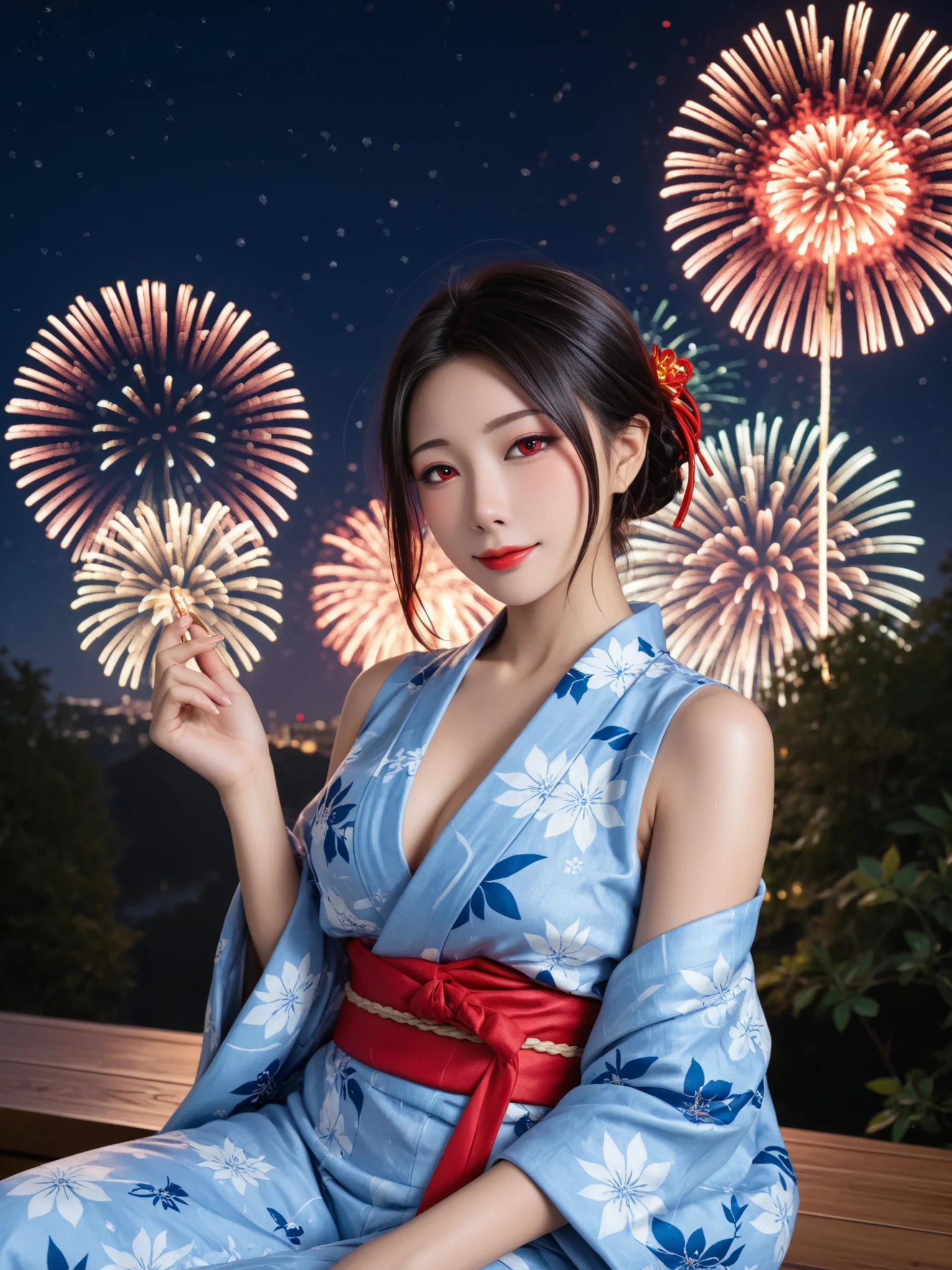 ((masterpiece(:1.4),Highest quality,Ultra-high resolution,Highest quality,8k,Extremely detailed,In detail))。whole body,night,Fireworks display,Japanese,A beautiful woman,Big Breasts,sexy,glamorous,Oiran,Oiranメイク,Long-sleeved kimono,Hair tying,hairpin,hair ornaments,geta,Emphasize the chest,Shoulder,Gorgeous and luxurious,(Fireworks displayのnightに河川敷で花火を背景にしたスナップ写真),