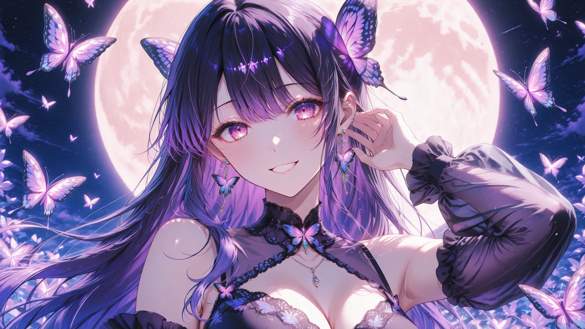 1 girl、Mature、Ample breasts、Purple Hair、Long Hair、Sharp Eyes、ponytail、Drill curl long hair、Center Part、Black Dress、Shoulder Bare、Belly button、choker、Butterflies fluttering、finger frame、Cinema Lighting、High resolution、highest quality