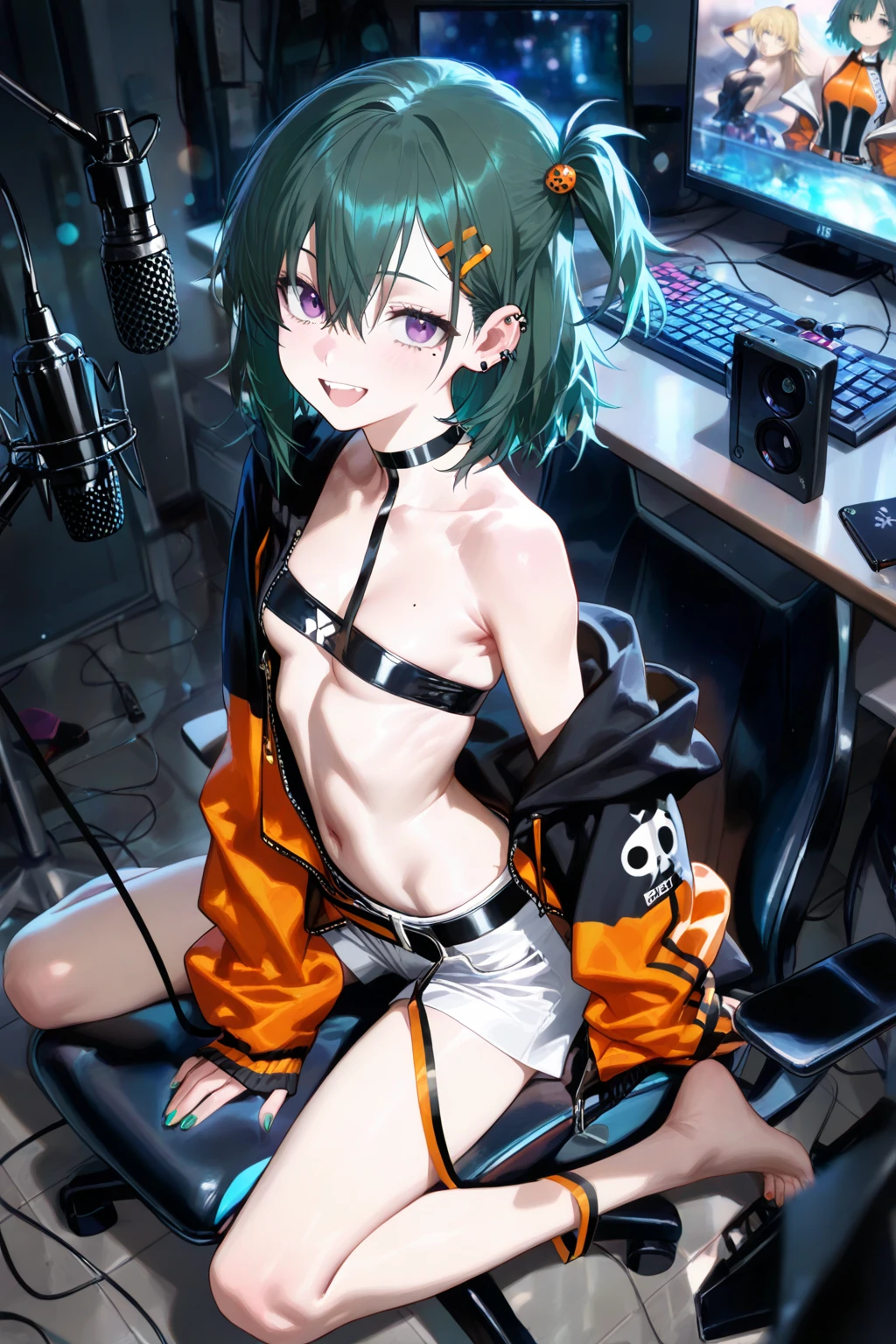 Anime girl sitting on table，cigarette in his hand, beautiful anime girl crouching, Biomechanical OPPAI, Sexy pudica pose gesture, seductive anime girls, with index finger, the anime girl is crouching, an oppai cyberpunk, hajime yatate, rogue anime girl ayanami rei, ryuko matoi, sexyposture, konachan，Exhale the mist，open open mouth，Stick out her tongue