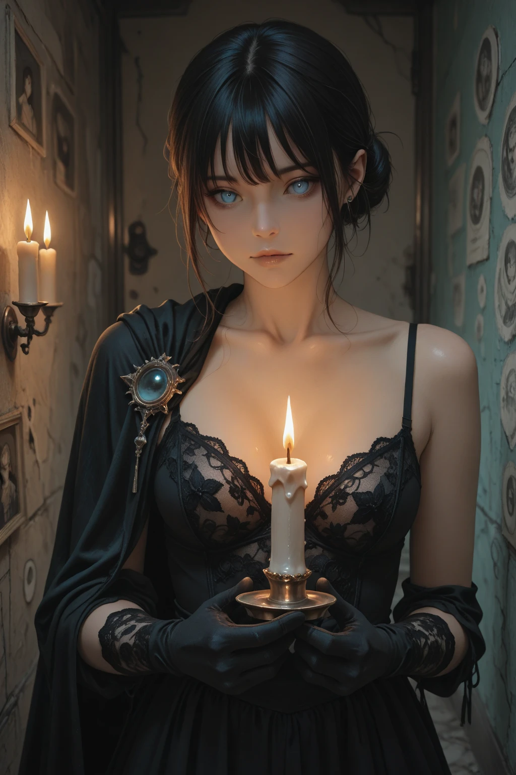 "Steampunk girl with a cat robot companion, poised in a candlelit room, eye contact with the viewer, captured in a wide-angle shot."