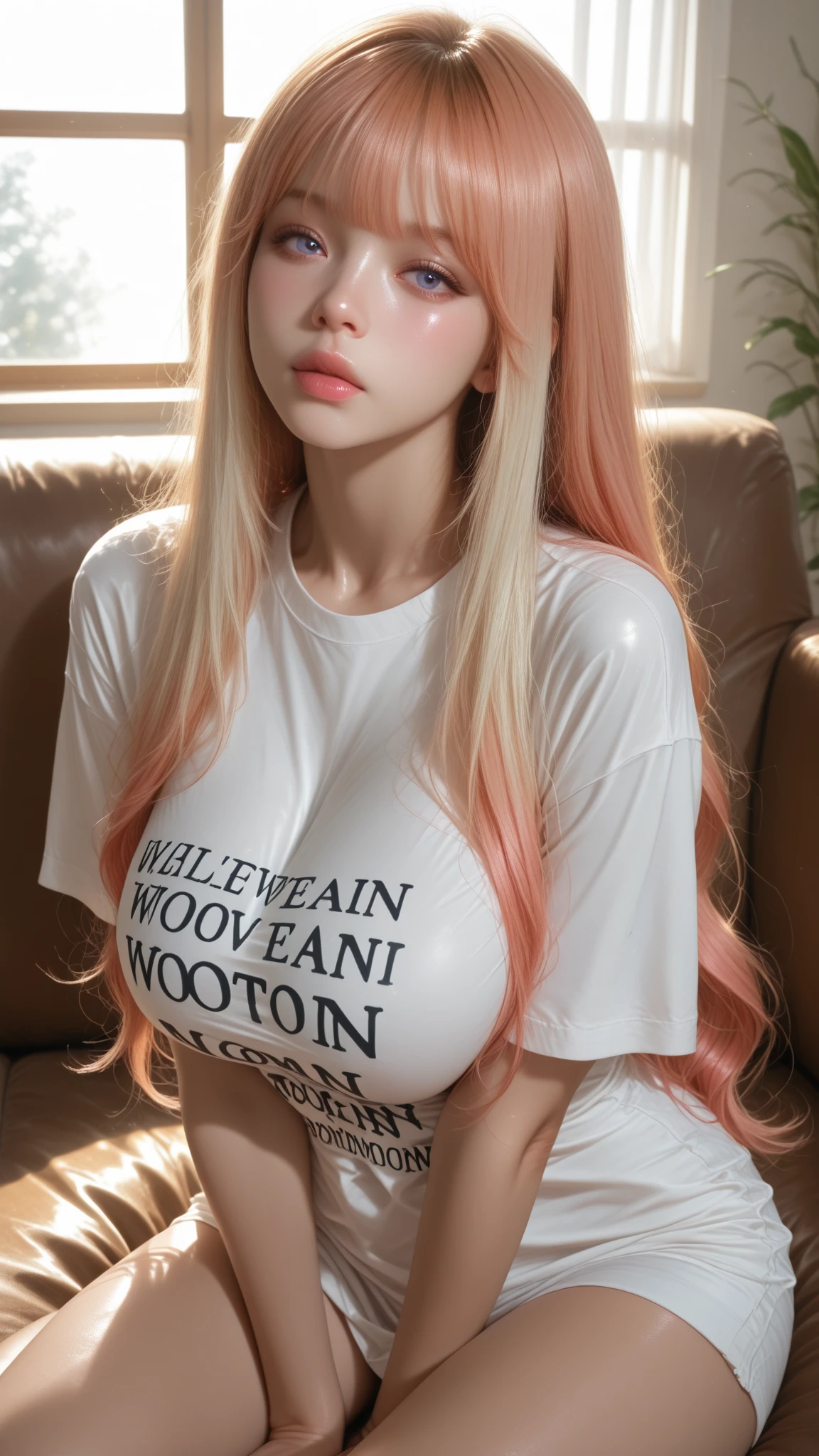 ultra realistic, photography, long red hair, girl, 24 years old, hourglass figure, perfect body, small breasts, Flirty look, extremely detailed artgerm, in the style artgerm, facing the camera, lens 35 mm, blur background, standing on the street, behind a small booth. booth sign say "Kiss 1$", she is wearing a light pink lowcut tshirt and very tight black yogapants. She is leaning on the counter of the booth