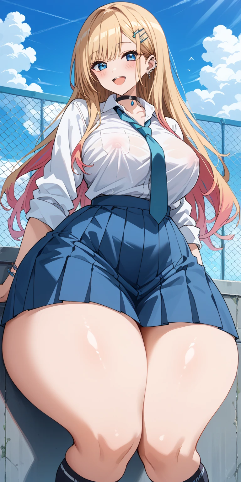 ((Highest quality)), ((masterpiece)), (high school girl), One woman, School Uniform,smile,Abdominal muscles,Big Tits,Areola,looking at the camera,cute,Blonde,Gal,high school girl,gaping_pussy,on the train,Shaved,genitalpiercing,Ear Piercing,masochist,Big pussy,Open pussy,View from below,Wet pussy,Big clit,Menhera,No underwear,No bra,View from below,smile,Seductive Eyes,