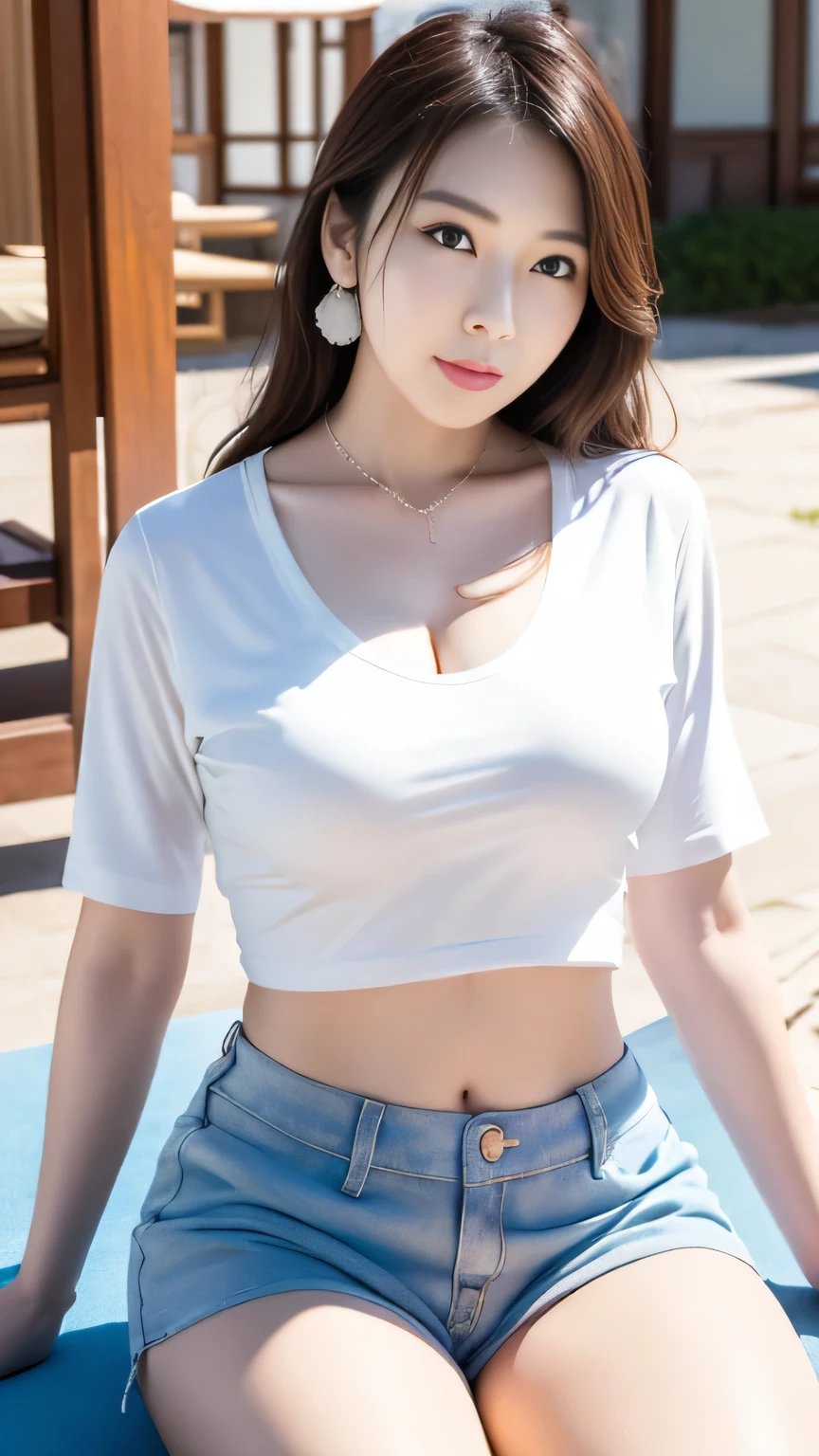 (8K, RAW Photos, Highest quality, masterpiece:1.2), masterpiece, super detailed, super high quality, (Realistic and photorealistic photography:1. 37), High-resolution RAW color photos, Very delicate and beautiful, highly detailed, 8k wallpaper, wonderful, detailed, Very eye, very detailed, very detailed skin, very thin fingers, very detailed nose, very detailed mouth, Perfect Anatomy, BREAK,18 year old girl, (boyish:1.15), (mannish:1.1), Big Natural Color Lip, (Plumpy body:1.2), (smooth skin:1.1), (huge breasts:1.0), A smile, a closed mouth, BREAK, (Logo T-shirts:1.2 high-waist shorts, necklace