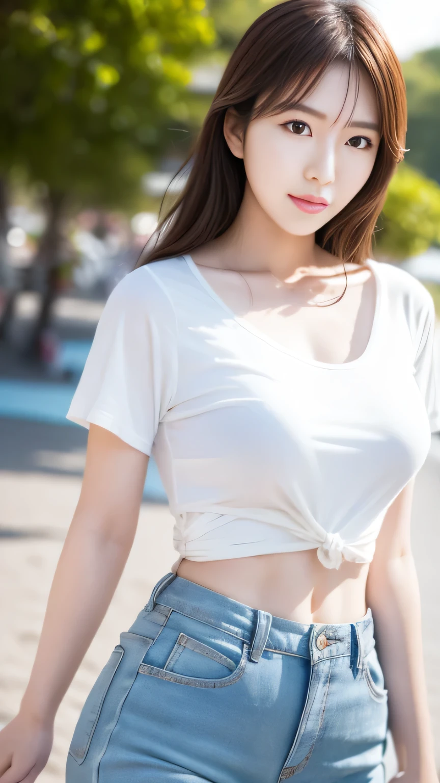 (photo-realistic:1.4),(realistic:1.4),(RAW photo:1.4),masterpiece,best quality,highres,extremely detailed CG unity 8k wallpaper, high detailed, film grain, detailed skin, natural lighting, symmetrical,an extremely delicate and beautiful,illustration,
1girl,<lora:B_1B_frontTieTopShirt_v120:0.7>,(cowboy shot, beach, outdoors), (front-tie top, tied shirt, white shirt, no bra, short sleeves, 1girl:1.3, solo:1.3), adult, mature:1.1, smile, (denim skirt),
Random hairstyle,slim legs,delicate and pretty,perfect face,beautiful detailed eyes,fair skin,real human skin,pore,(medium_breasts:1.5),
<lora:B_5A_roundTaintedGlasses_full:0.3>,junjie yan,(round eyewear), (tainted glasses),sunglasses,