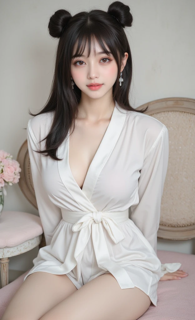 (RAW Photos), (Realistic), (masterpiece), (highest quality), High resolution, 8k, (Intricate details), (Volumetric Light), Portraiture, woman, Age 25, Medium Hair, Straight hair, Mid-chest, Accentuate your cleavage, Layered Hair, Brown Hair, Very beautiful eyes, Source order, Very thin eyebrows, Very fine skin, Very beautiful mouth, Very nice nose, Cute like an idol, smile, (Thick lips), (Looking at the audience), (See-through silk dress shirt), Above the knee shot,office、Sitting in a chair、