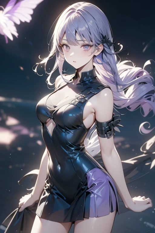 A werewolf beast girl with waist-length silver hair and purple eyes.
