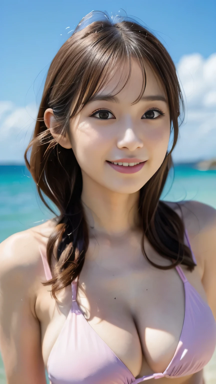 Beach, sunset, Soft lighting, Close-up portrait photo of a cute idol in a swimsuit, Playful pose, smile, Vibrant colors, Realistic, Attention to detail