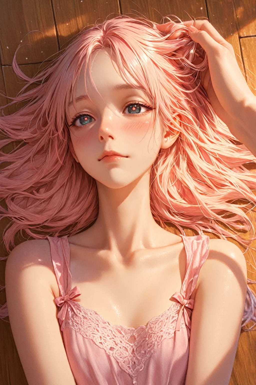 (Masterpiece, BestQuality:1.3), (ultra detailed:1.2), (hyperrealistic:1.3), (RAW photo:1.2), High detail RAW color photo, professional photograph, (Photorealistic:1.4), (realistic:1.4), professional lighting, perfect , (Big Breasts:1.2), (blush, detailed face), (cheerful Smile:1.5), Trending Hair&Trending Hairカラーをランダムに, earrings, necklace, bracelet, sexly,  sexly, Random sexy gravure poses, (A beautiful pink-haired woman in lace 、She is smiling and posing sexily while lying on a bed in a luxury hotel.。:1.3)