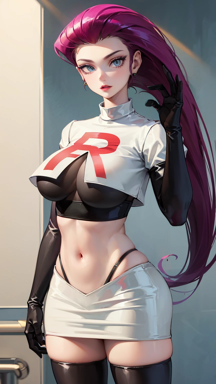 jessie pokemon, solo, team rocket, gloves, (hair slicked back), long hair, jewelry, skirt, navel, thighhighs, earrings, elbow gloves, team rocket uniform, crop top, blue eyes, midriff, white background, belt, black gloves, very long hair, bedroom ,bed,tight black thighhighs, purple hair, looking at viewer,big breasts, white skirt, miniskirt,tight skirt, sitting,smiling