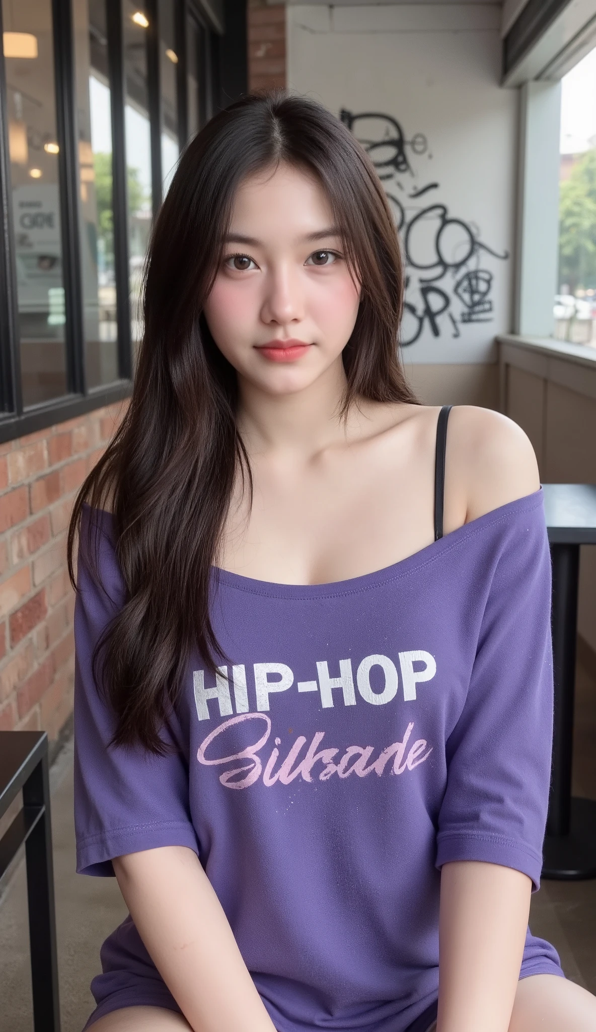 Realistic teen girl Beautiful face Long hair Big breasts Attractive shape looking at camera 8K high definition sharp focus Very high detail like real photo, natural light, smooth skin
Sitting in a street cafe in Siam, the storefront has graffiti and bare brick walls, black steel tables and large clear glass.
SHE WORE AN OVERSIZED T-SHIRT WITH A PURPLE-BLUE GRAPHIC PRINT WITH HIP-HOP LETTERING.
The camera angle is slightly below the chest, visible from the head to the waist, the eyes look down at the camera while the head remains upright. The atmosphere is warm and stylish.