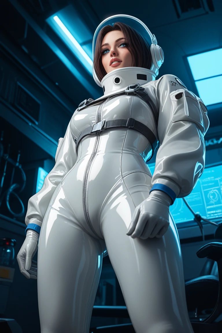 A black Astronaut with perfect breasts, shapely legs, perfect butt, white hair with blue highlights, green eyes, on a stage receiving an award
