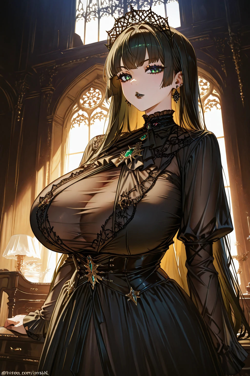 (masterpiece, realistic, 3d, best quality, perfect face, (beautiful and aesthetic:1.4), highest detailed face), (dark fantasy illustration:1.3), ((gorgeous young baroness, (messy black hair:1.3), (bright green eyes:1.3), (fake breasts), (narrow waist:1.2), (slender figure:1.3), (tall waist:1.3), pale skin)), milf, mature female, perfect fit body, (cleavage:1.2), ((black noble dress:1.3)), (sexy pose:1.3), ((detail background), inside royal castle, in dark chamber), detailed skin, skin pores, long detailed eyelashes, (night:1.3), curvy body type, looking at viewer, full shot, (solo:1.4), (elegant, intricate, digital photography, high quality, 4k, extremely detailed, sharp, CG, hyper realism, dramatic light, HDR),