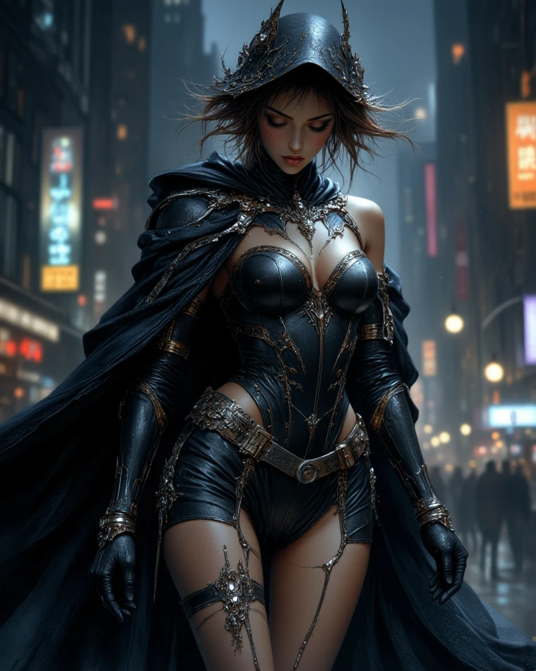 one Beautiful woman. Dark brown hair, pixie haircut. blue eyes. daring outfit. goth tomboy. maidenly charm. space rogue assassin. baroque trenchcoat. Dark sci-fi. Warhammer 40k. Dieselpunk. baroque oil painting.