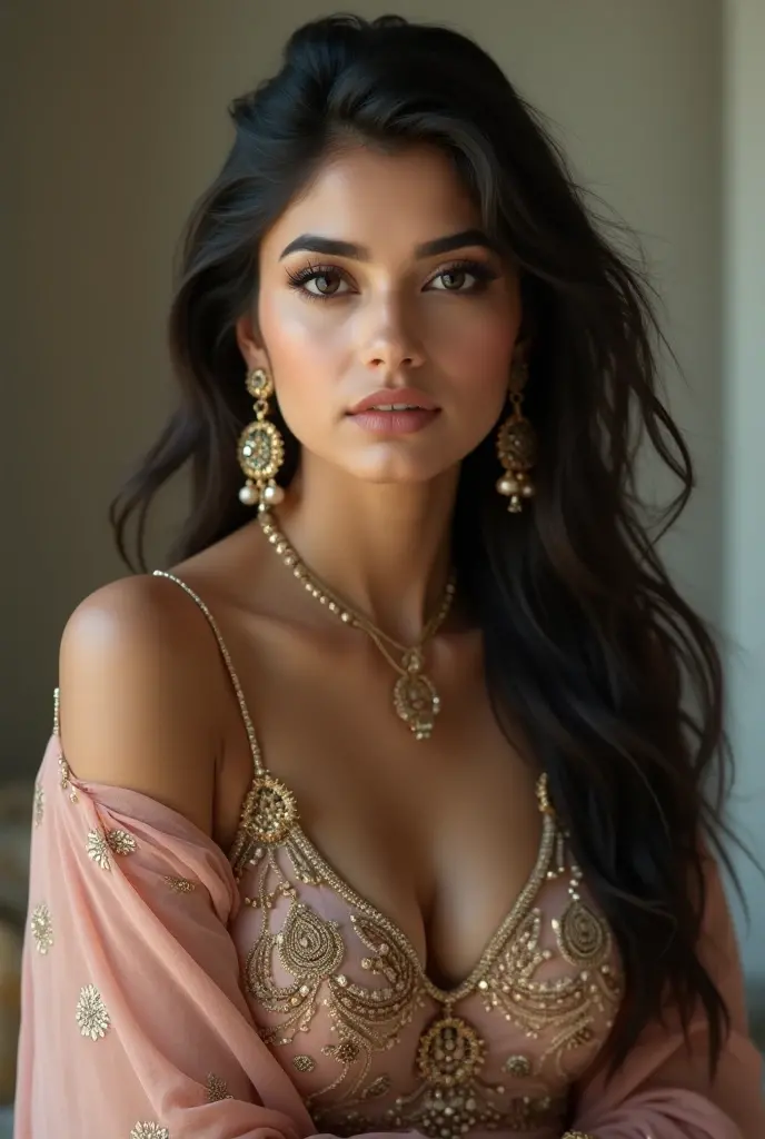 photorealisti, beautiful young girl, 18yo, brown eyes, tanned, very full lips, big natural breasts, sexly, wearing evening dress and high heels, black, long curly hair, Soft lighting, realisti, bright colors, Latin American, jewellery, statement earrings,