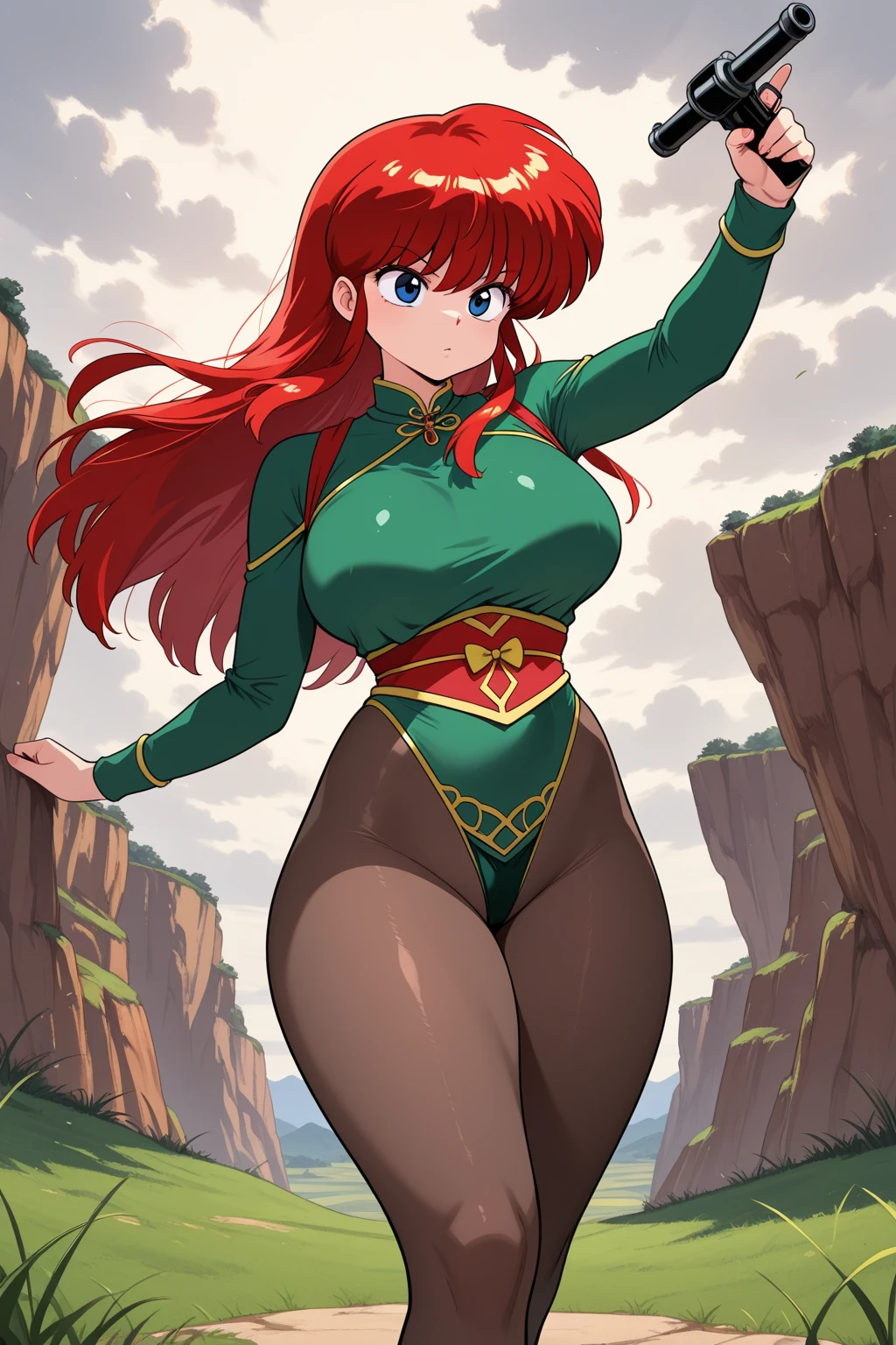 masterpiece, best quality, highly detailed, 8k, (pure grey background:1.2), anime, (2D:1.1), (1girl:1.2), 30-year-old queen, (athletic body:1.2), abs, (muscular:1.2), beautiful face, shining eyes, (long legs:1.2), red hair, big breasts, wearing green stockings, wearing green thigh boots with high heels, slender waist, tight butts, cool, opening mouth, korean idol, (full-body image:1.2), (showing off her body:1.2)