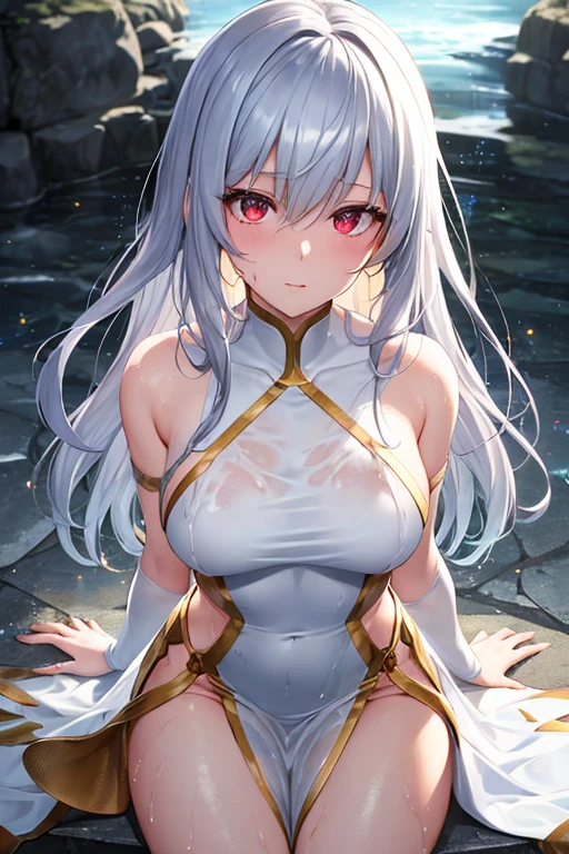 White-haired loli in tight white socks,Long flowing hair, Tights, Absolute realm, Sexy look, see - through, clear curvy details, Slender legs loom,White body,Hair is shiny,Delicate and shiny skin,Slender body,breast curtains,Naked chest,Upturned buttocks,Plump breasts,The body was soaked with sweat,Poor milk,Exposing the abdomen,The lower abdomen is firm,ears of elf,weeping,streaming tears,In the water