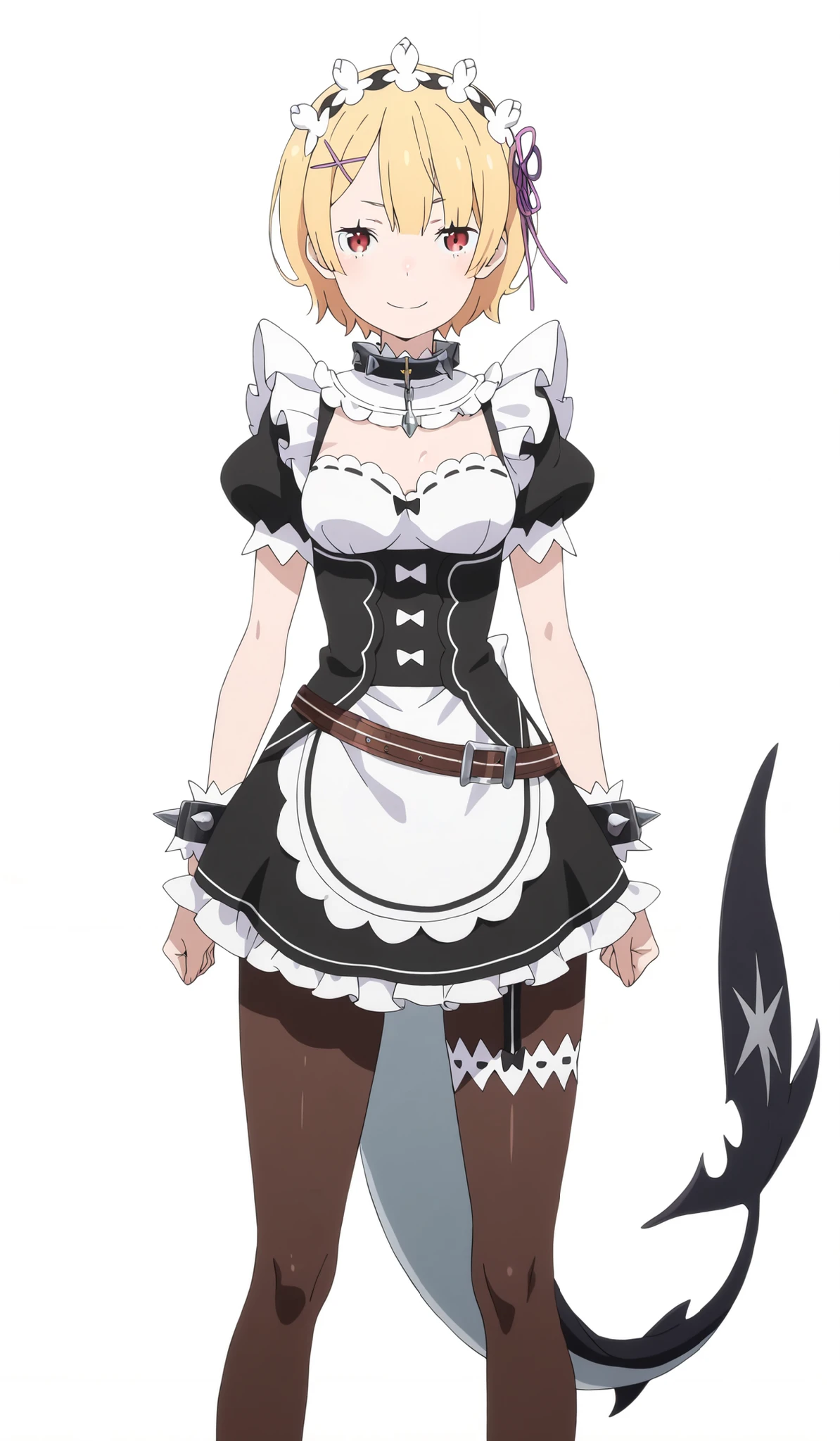 (official art), anime_source, source_anime, Шедевр, лучшее качество, потрясающее качество, (((anime screencap))), anime drawing, (high detail), (masterpiece),(best quality),(ultra-detailed),((best illustration)),((very aesthetic)), 1 girl, Felt - Re:Zero, Half-close eyes, smile, , blonde hair, short hair , red eyes, average breasts, looks at the viewer, athletic body, pumped-up body, naked, ((perfect body)), white background, empty background, (((white background))), hips, ideal body proportions, toned biceps, pumped up legs, standing, big legs, knees, (shark_tail), hair_ornament, hairclip, x_hair_ornament, spiked_hairband, spiked_bracelet, spiked_collar, maid, maid_headdress, black_dress, frills, puffy_short_sleeves, maid_apron, black_belt, bow, (brown_pantyhose), fins, white_border, 
