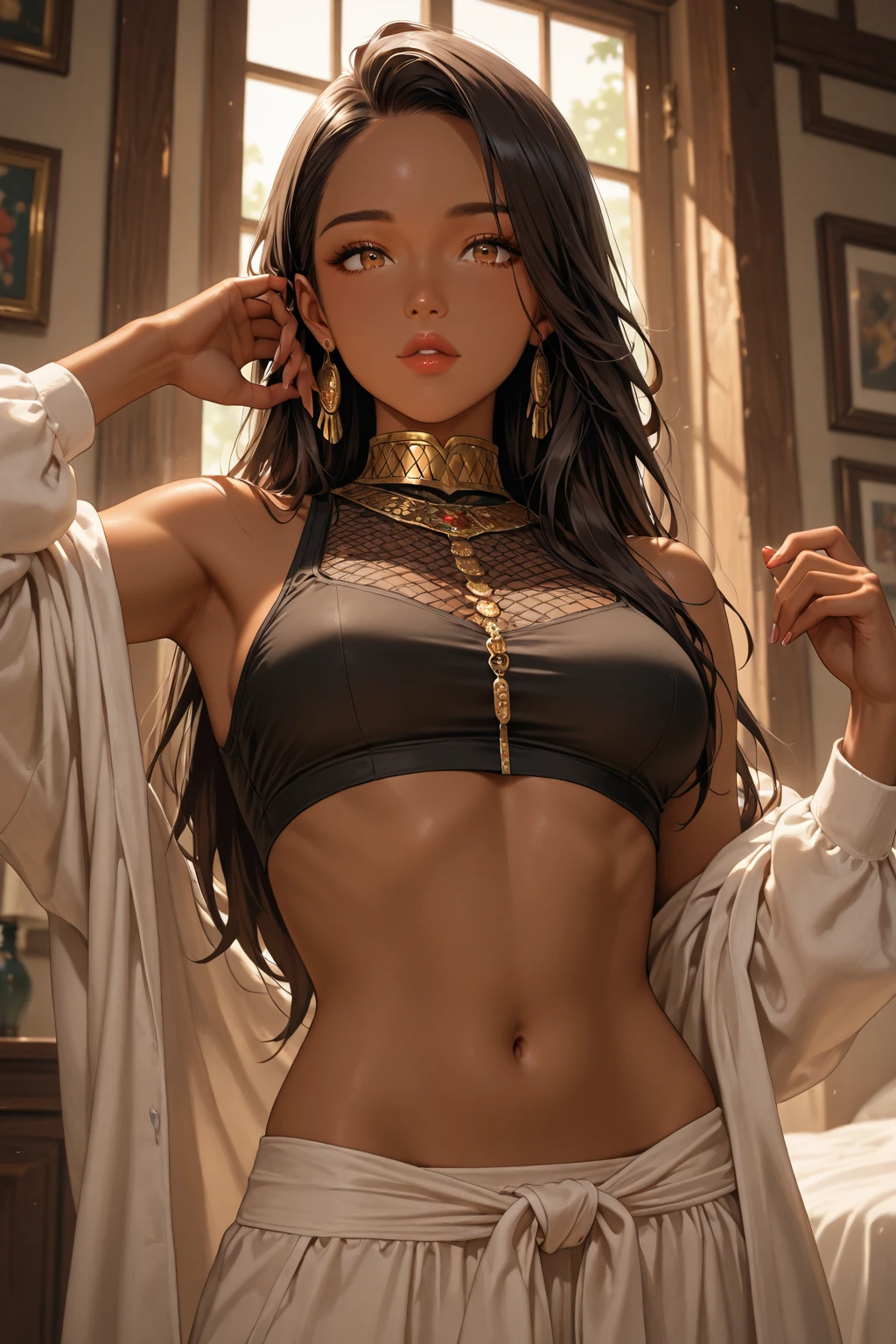 Craft an ((extremely detailed 8k CG unity wallpaper)) of a university girl with black hair and bangs in a Renaissance-inspired setting. This ((masterpiece)) should captivate viewers with its ((intricate details)) and ((better color)) choices, emulating the artistic brilliance of Sandro Botticelli. Employ ((better light)) techniques to bring out the richness of the scene and achieve the ((best quality)) possible. Channel the mastery of Sandro Botticelli, Artgerm Lau, and Greg Rutkowski to create a piece that shines as a true ((best artist)) and ((best designer)) creation on the renowned platform of ((Artstation)).