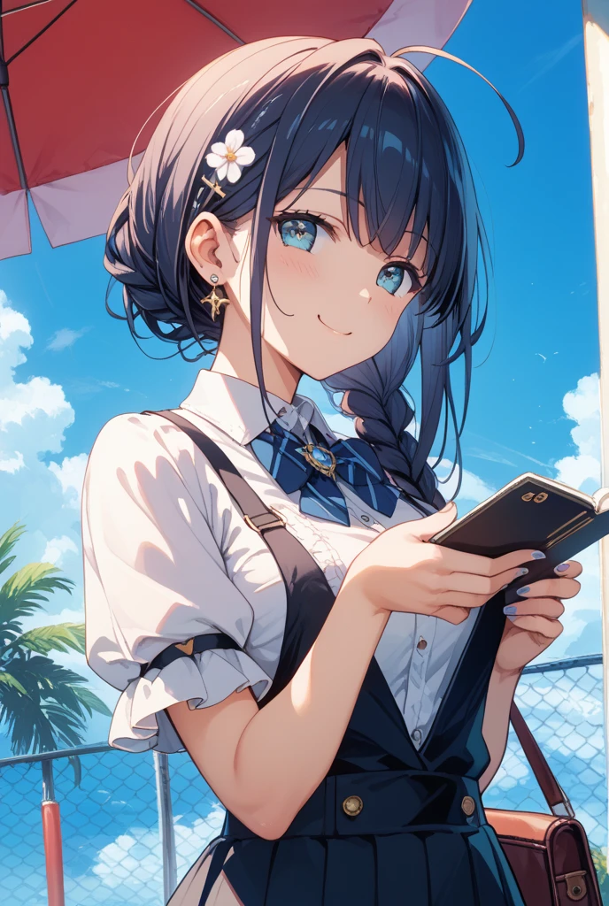 tall body, tall, long legs, mature woman, mature, adult, , eft_oshi_akane, alone, 1 girl, blue hair, white shirt, looking at viewer, medium hair, bikini, bangs, closed mouth, green eyes, multi-colored hair, hair short, hand up, sweat, bleached hair, blue eyes, on the beach, beach, more details XL