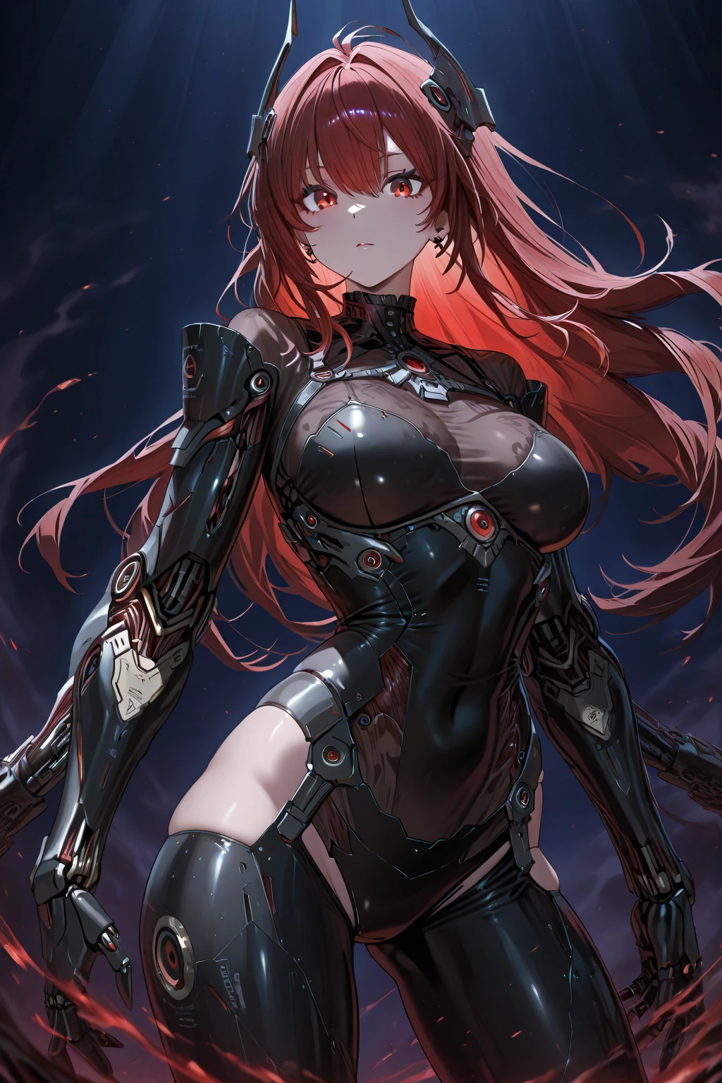 ((8K resolution))、((highest quality))、((masterpiece))、((Very detailed))((((dramatic))), (Anatomically correct)、The depth of the object to write、Looking at the camera、front、(woman、Mechanical bones格、Mechanical boneechanical Cervical Vertebra、Long and thin、lipstick、Spit sludge from the mouth、Bloody)、spooky、an  ominous、(theme、whole body:1.1), Straddle a man、woman on top、sex、White Background