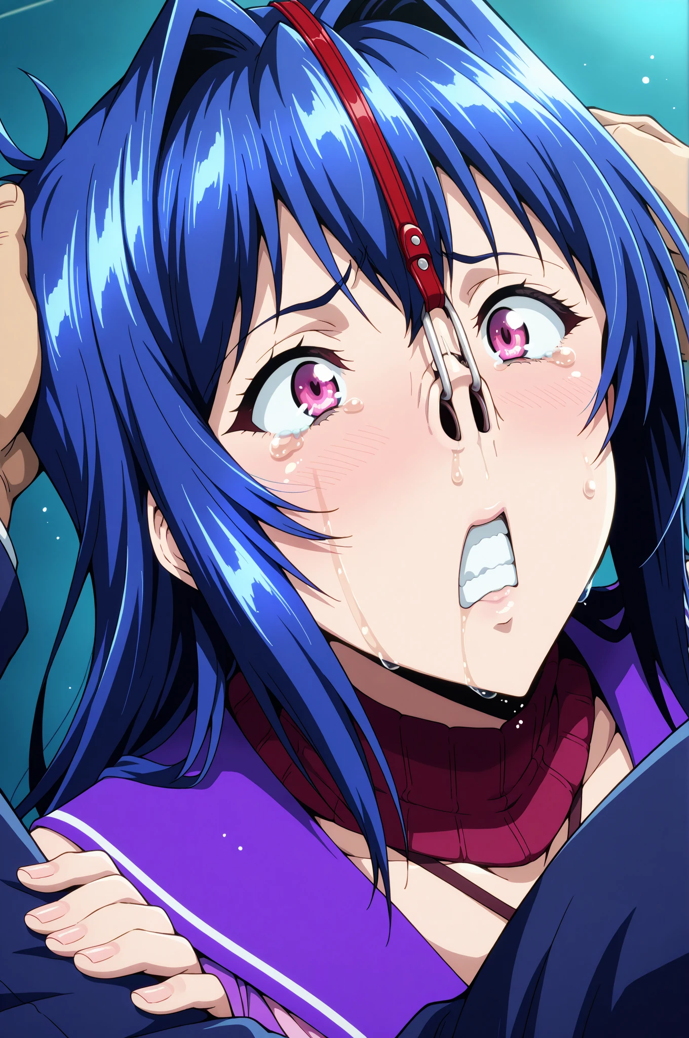 ((masterpiece, best quality)), high resolution,ultra detailed, detailed background,8k,16k,perfect lighting,detailed beautiful eyes,1girl,nsfw,perfect beautiful pussy,embarrassed,blush,look at viewer,aroused,(pov:1.4),(close up face:1.1),(steam,sweat,from front, from above:1.2),1boy,1penis,(oral sex),(deep fellatio,hetero:1.4),:>=,(penis in mouth),tear,cum in mouth,furude rika,blue hair,purple eyes,very long hair,blunt bangs,(flat chest,child_body)