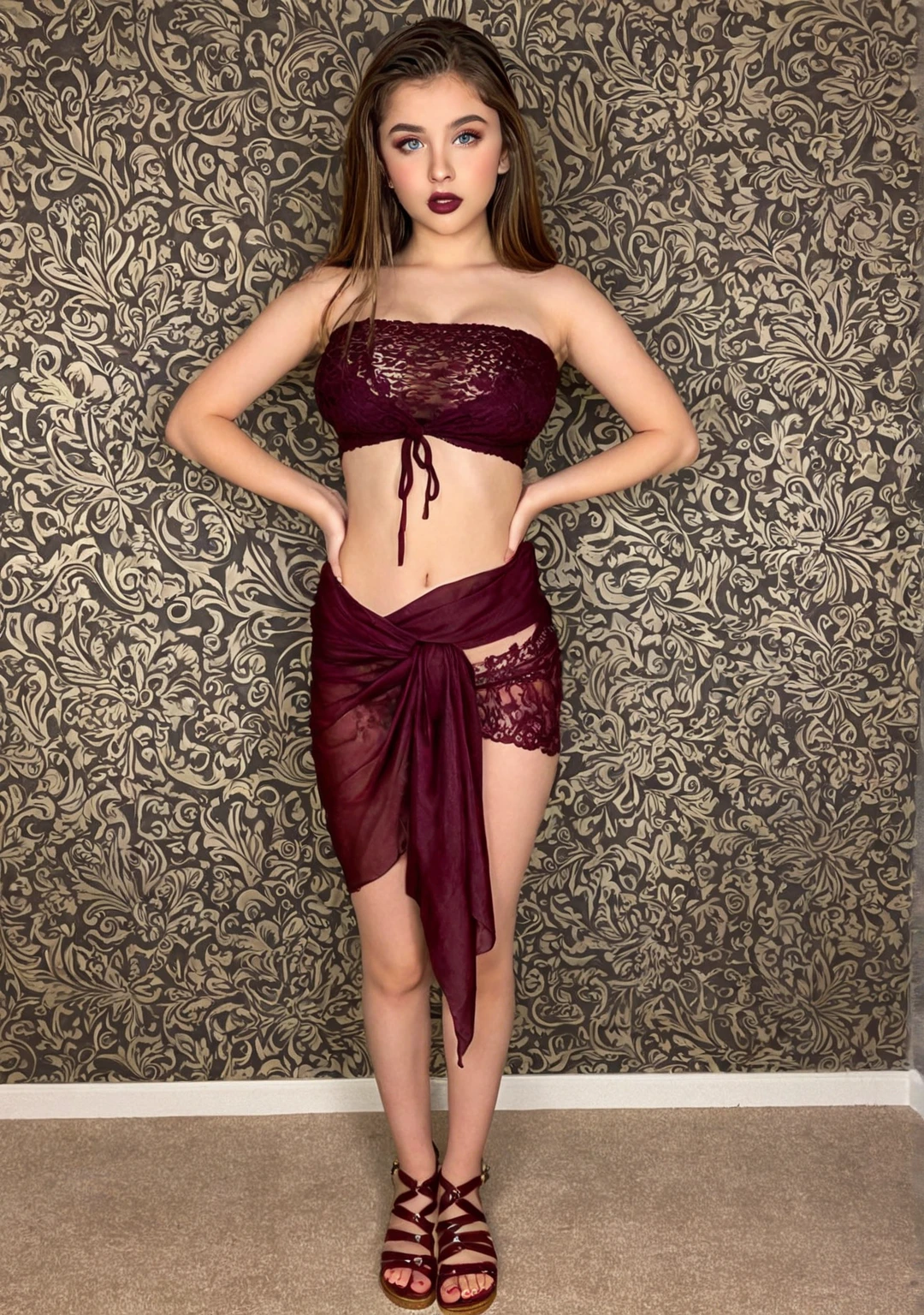 araffe in a red lingerie with a red feathered cape, very sexy devil outfit, red robe, full length view, fully clothed in red robes, bright red cape on her back, feathered robe, red hot, red fur, sexy gown, robe. extremely high details, red lace, red robes, all red, long shot from back