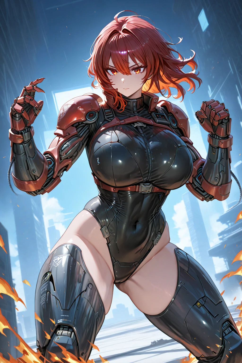 1girl,solo,super detailed skin,shiny skin,wet skin,expressionless ,eyelashes,lips gloss,red hair,bob hair,short hair ,large breasts ,bodysuit ,boots,fire punch,night ruins,masterpiece,best quality,ultra detailed,high resolution,sharp focus,depth of field