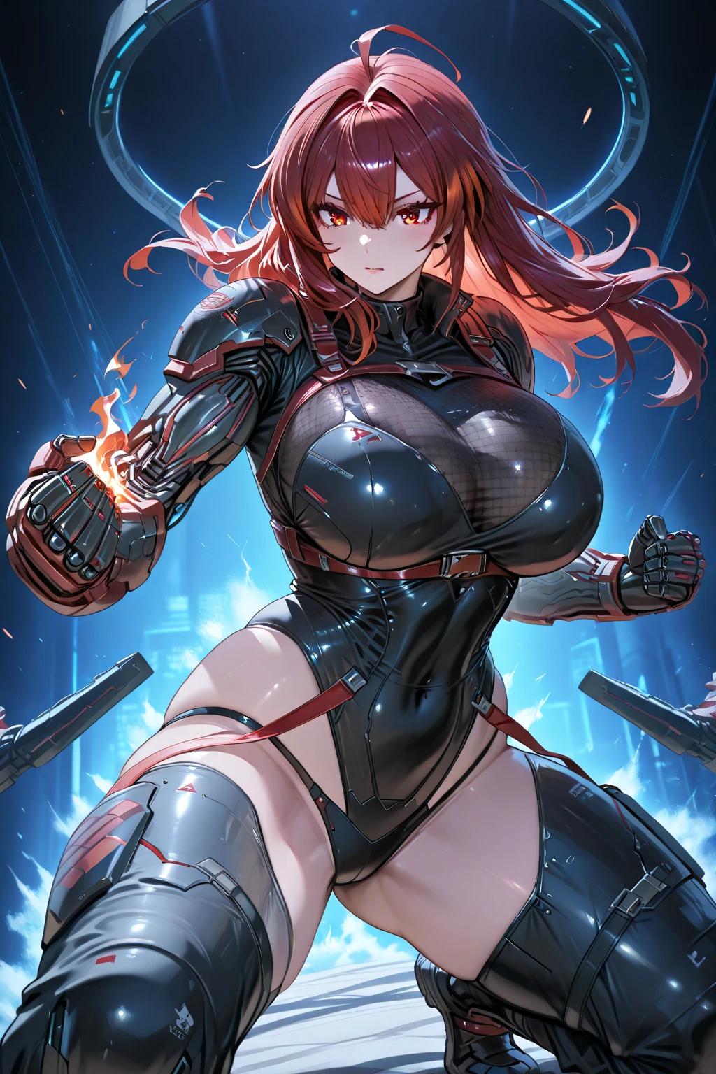最high quality、best image quality、masterpiece、girl((20-year-old、 By becoming、vest bust、medium bust,wide open breast tea、shining eyes, glowing red hair、long hair、thin,highest valley、black and red suit、Wristband、black gloves、fight pose、inflammation from the whole body、sharp nails)),high quality、beautiful art、background((inflammation、volcano、magma、eruption、meteorite、bright red sky、firebird))、Flight、debris flies、Depth of written boundary、movie、visual art、perfect art、8K,genuine、
