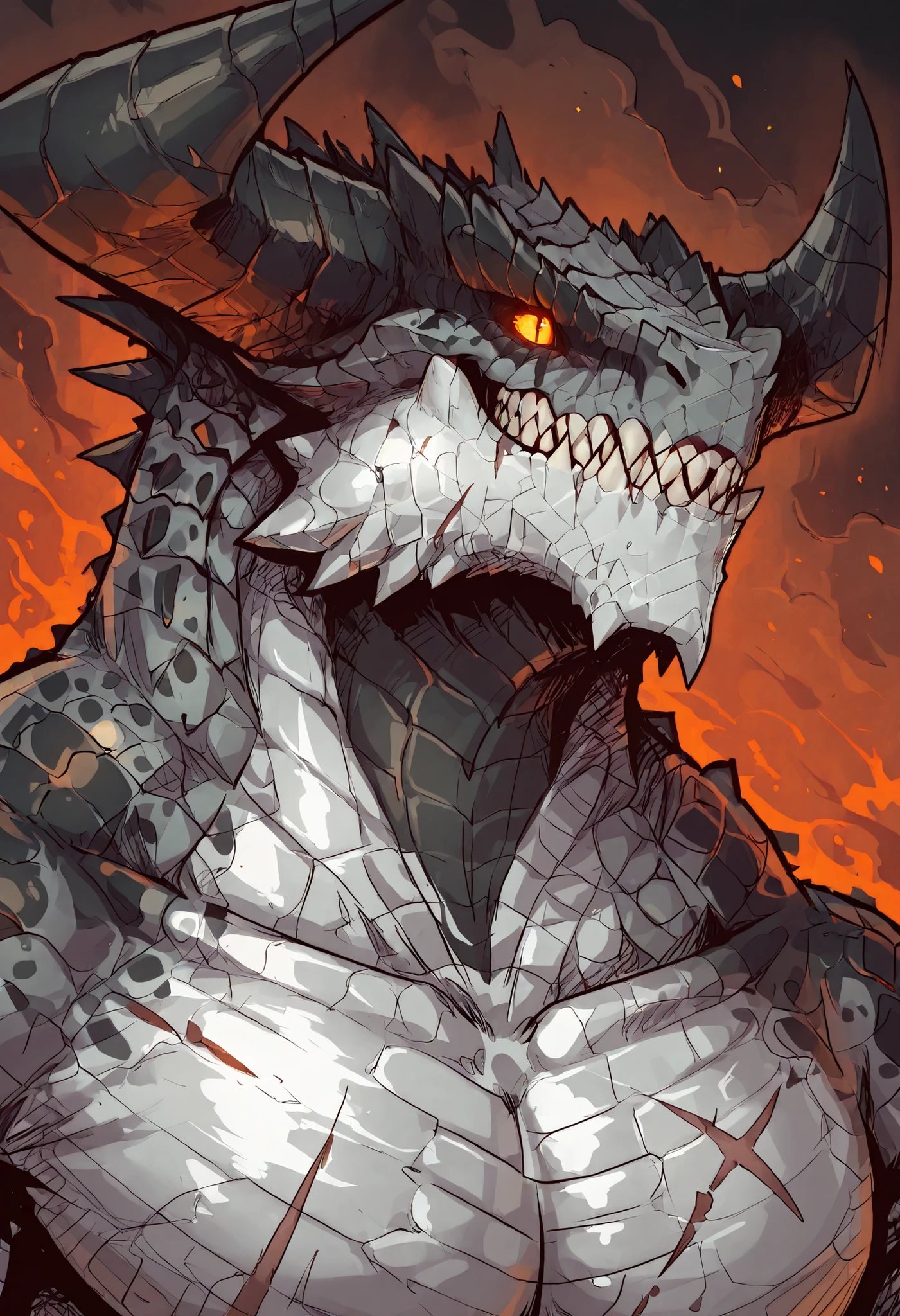 1male, solo, anthro, lizardfolk, anthro dragon lizard, solo, portrait, scaly, detailed scales, experienced predator, monstrous dragon, mercenary, grin, black scales, matte body, torso is well-defined and muscular, body robust and powerful, massive arms, detailed scales, scars on body and head, thick neck, powerful pose, massive horns, marked defined jaw, pike jaw, strong upper body, pecs, scaly, darkness, horror, best quality, 4k, ultra-detailed, full body