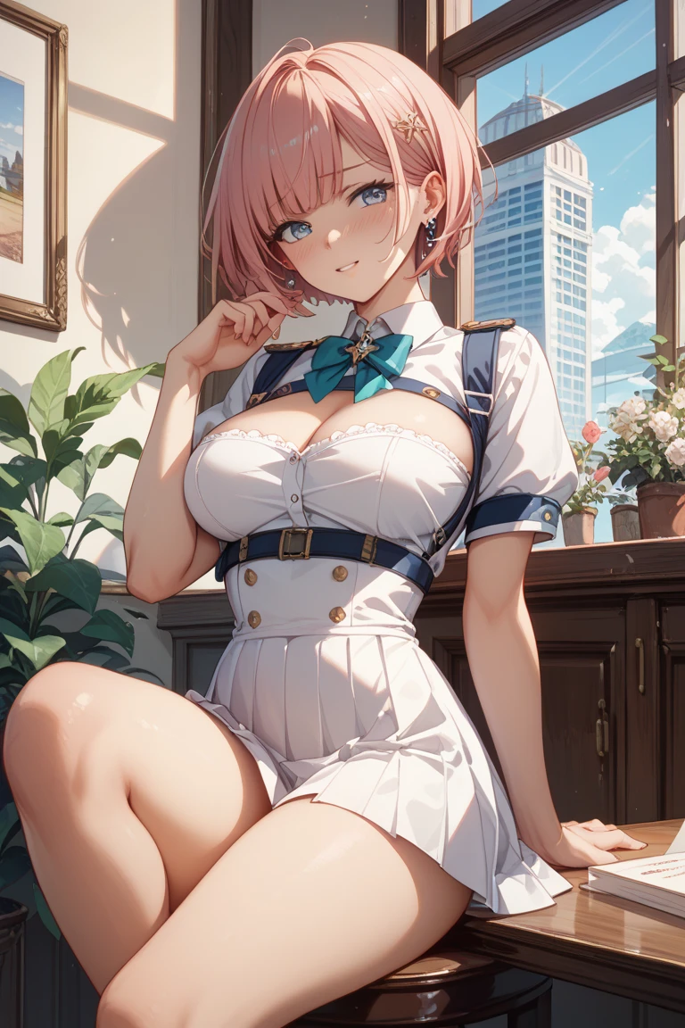 (Masterpiece, BestQuality:1.3), (ultra detailed:1.2), (hyperrealistic:1.3), (RAW photo:1.2), High detail RAW color photo, professional photograph, (Photorealistic:1.4), (realistic:1.4), (Pink Hair:1.5), professional lighting, perfect anatomy, (Big Breasts:1.2), (blush, detailed face), (A happy smile:1.7), Trending Hair&Trending Hairカラーをランダムに, earrings, necklace, bracelet, sexly, erotic sexly, Random sexy gravure poses, (flight attendant woman、The background is the airport、friendly smile、Bobcut、Pose with skirt lifted up a little:1.3)
