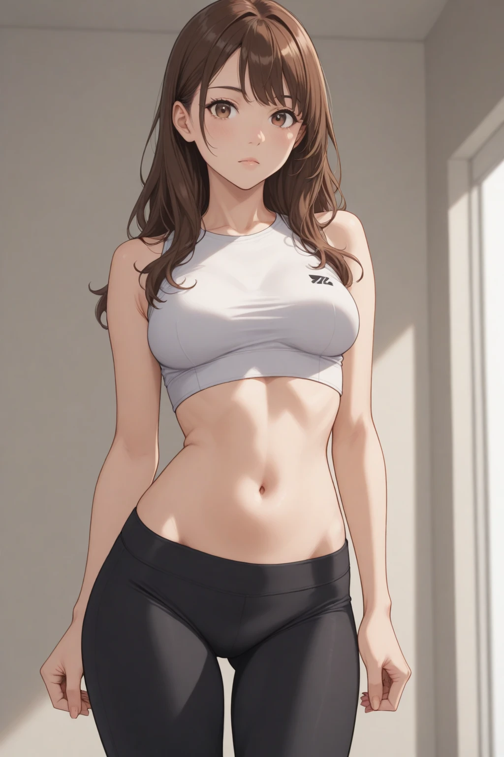 young woman in a photo shoot, wearing Calvin Klein underwear, pale pink sports bra and underwear, slightly tanned skin, athletic body with toned muscles, hands on hips, straight dark brown hair, green eyes, white background