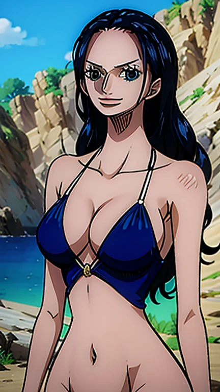 score_9, score_8_up, score_7_up, best quality, source_anime, clear face, 1girl, Nico Robin, black hair, long hair, blue eyes, large breasts, bikini, cleavage, smile, looking at viewer, from front, sky, standing