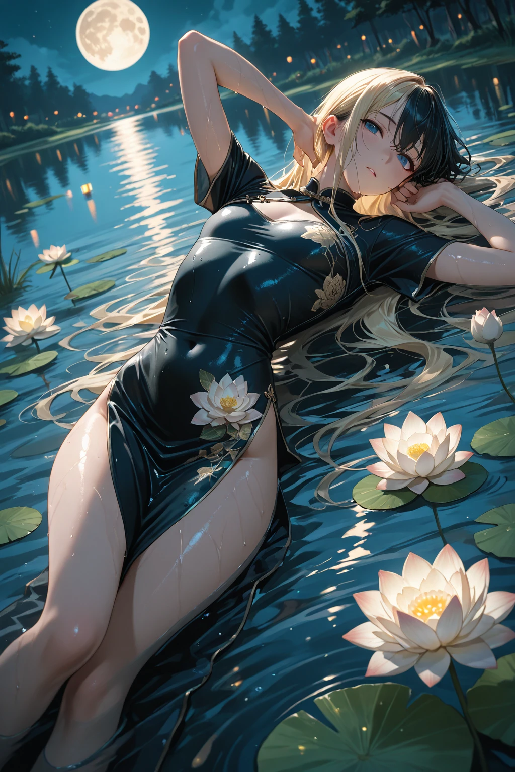 Black hair, proud figure, artificial beauty, sitting in a stream, lotus pond, holding lotus flowers,