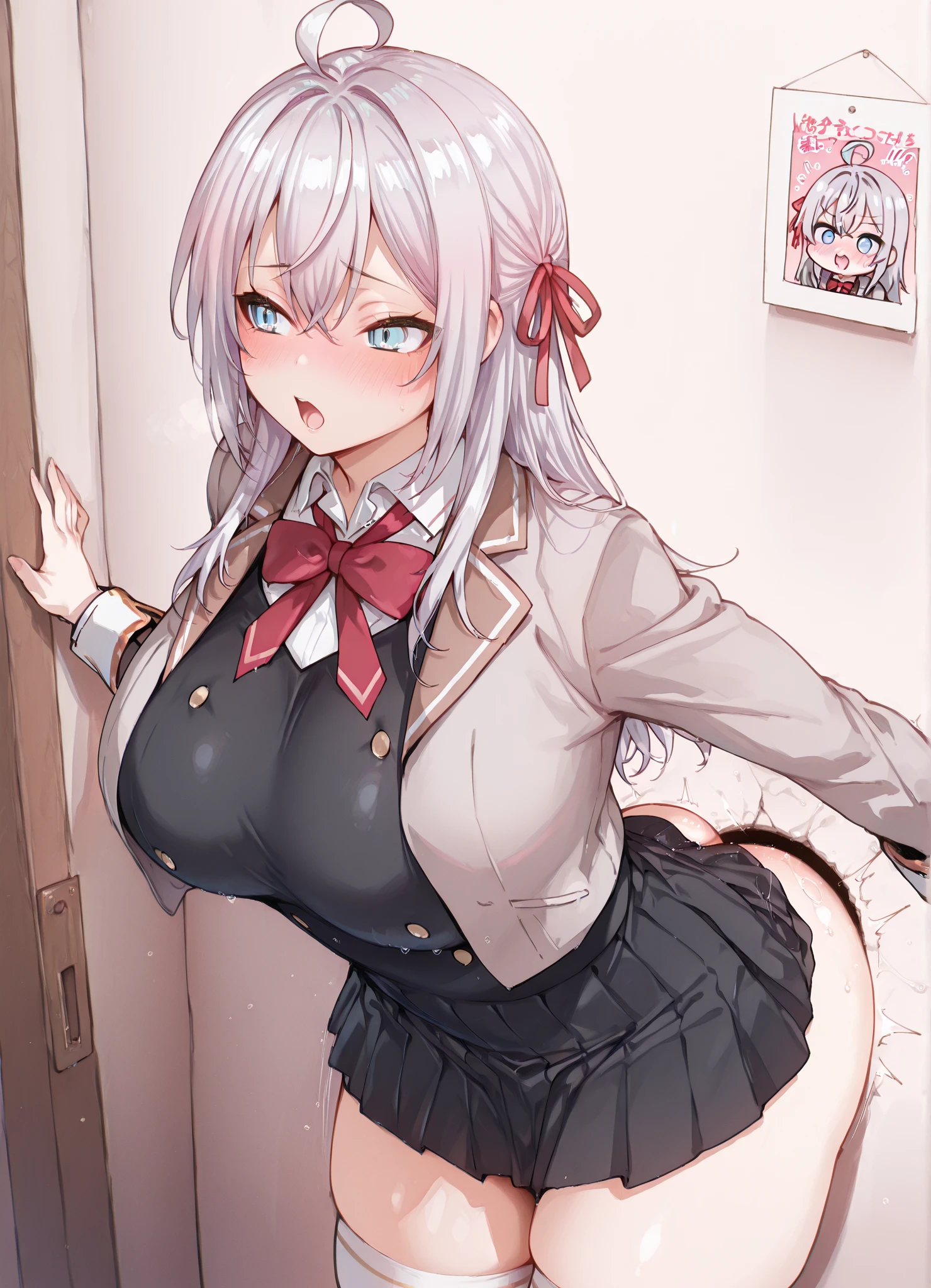 1girl,(solo),(gigantic breasts:1.2), wide hips, thick thigs,dynamic pose, school uniform, black skirt, white shirt, red necktie, thighhighs, black choker, smile, :d, white hair, purple eyes, cat ears, short hair, extremely detailed eyes, <lora:Touwa-Nikuman-Style-v1_117360:1>