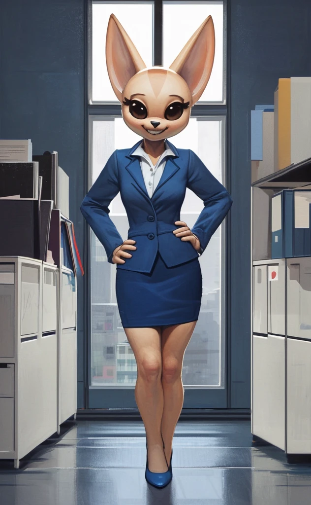 [retsuko], [aggretsuko], [Uploaded to e621.net; (Pixelsketcher), (wamudraws)], ((masterpiece)), ((HD)), ((solo portrait)), ((front view)), ((feet visible)), ((furry; anthro)), ((detailed fur)), ((detailed shading)), ((beautiful render art)), ((intricate details)), {anthro; orange fur, black nose, small brown eyebrows, cute brown eyes, (short eyelashes), raccoon tail, (gorgeous ), (beautiful legs), (beautiful feet)}, {(office woman), (bikini top), (bikini bottom), (opaque pantyhose),  {(standing), (looking at viewer)}, [background; (cubicles), (white walls), (window), (blue sky), (sun rays)]