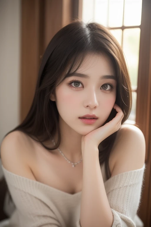 Fashion model 25 years old, [Close-up]]]], [[Chest]]]], [Neck]]]], [Shoulder]]]], perfect eyes, perfect iris, perfect lips, perfect teeth, perfect skin, soft front light, glow, HDR, (muted colors: 1.2)