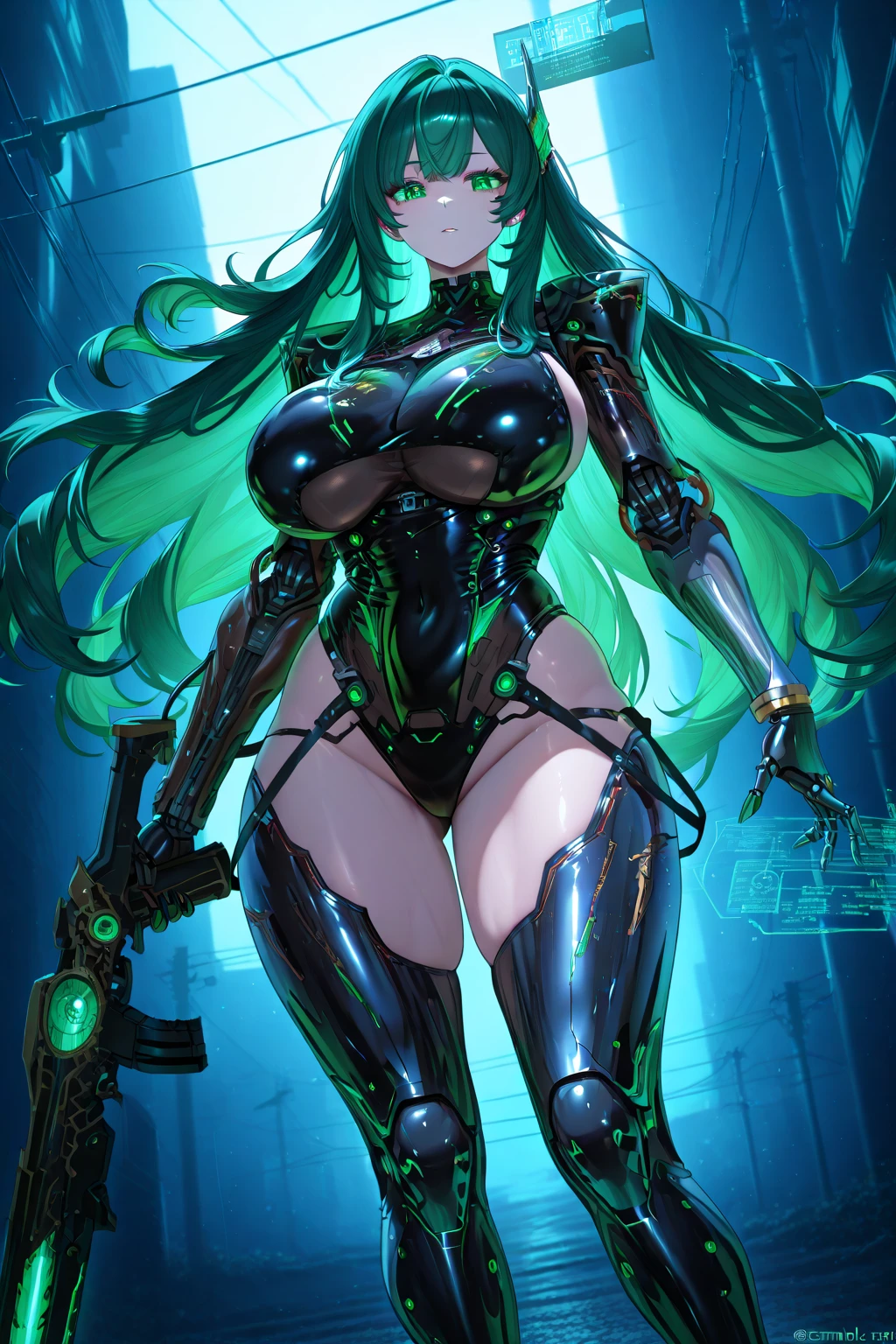 masterpiece, highest quality, (solo focus), (perfect face:1.1), (full body), (high detail:1.1), (hyper detailed eyes), dramatic, a woman with paleskin and long dark green hair, green eyes, solo, arrogant expression, neon cyberneticoutfit, boots, white background, art by artgerm, cinematic lighting, fashion, BalenciagaStyle