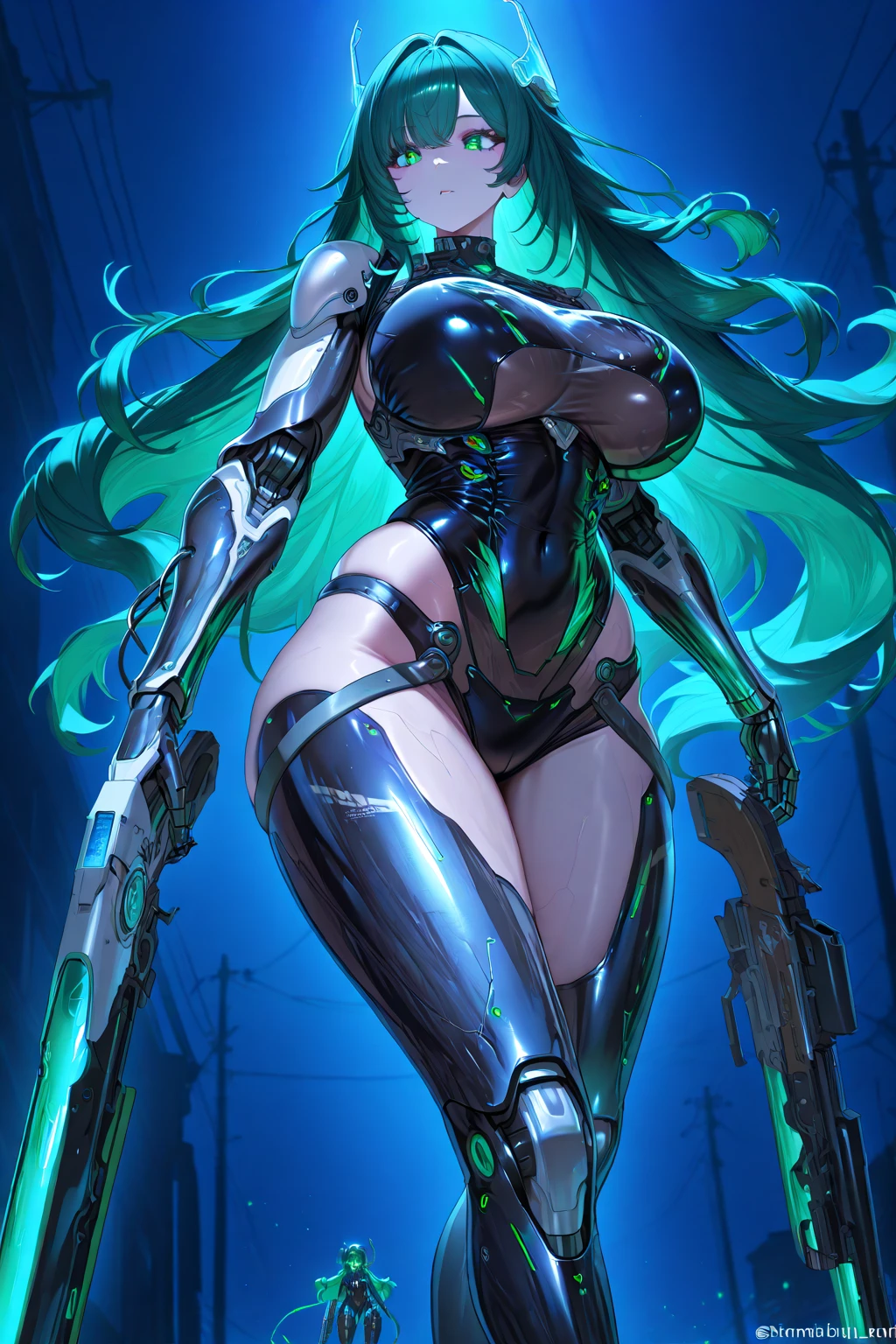 masterpiece, highest quality, (solo focus), (perfect face:1.1), (full body), (high detail:1.1), (hyper-detailed eyes), dramatic, a woman with pale skin and voluminous dark green-black hair, green eyes, solo, two-toned hair, arrogant expression, cybernetic outfit, cyberpunk, art by artgerm, cinematic lighting, fashion, BalenciagaStyle