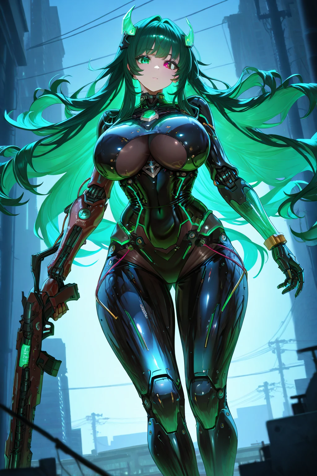 (Complex green-haired woman,Mecha joints and wing radiation, Quiet and dignified, Standing in the water), high resolution, Extremely detailed, Practical, Vibrant colors, Bokeh, Studio Lighting.