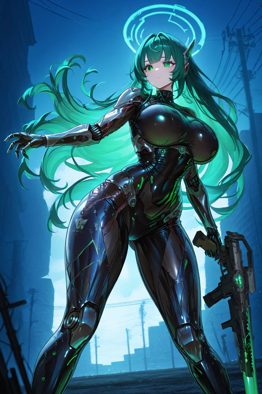 "Two-dimensional painting, girl, black hair, long flowing hair, green deep eyes, gentle smile, wearing black full-body tights supplemented by the main green, Evangelion, sister Fan, beautiful picture, best shadow, best picture quality, best light, rich detail, high resolution, masterpiece."