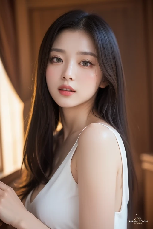 pureerosface_v1,top-quality,Photorealsitic,in 8K,hight resolution,girl with,gigantic huge tits,Perverted Woman,a gorgeous,dynamicposes,（（mediumsize roundbreast，white highnecksweater：1.4））， looking directly at the viewer：1.8， （1 girl looks at the audience with eyes， medium lenght hair， A dark-haired， other々Bangs：1.65）， （Bokeh）， With smiling eyes：1.2， （a closed mouth：1.16），